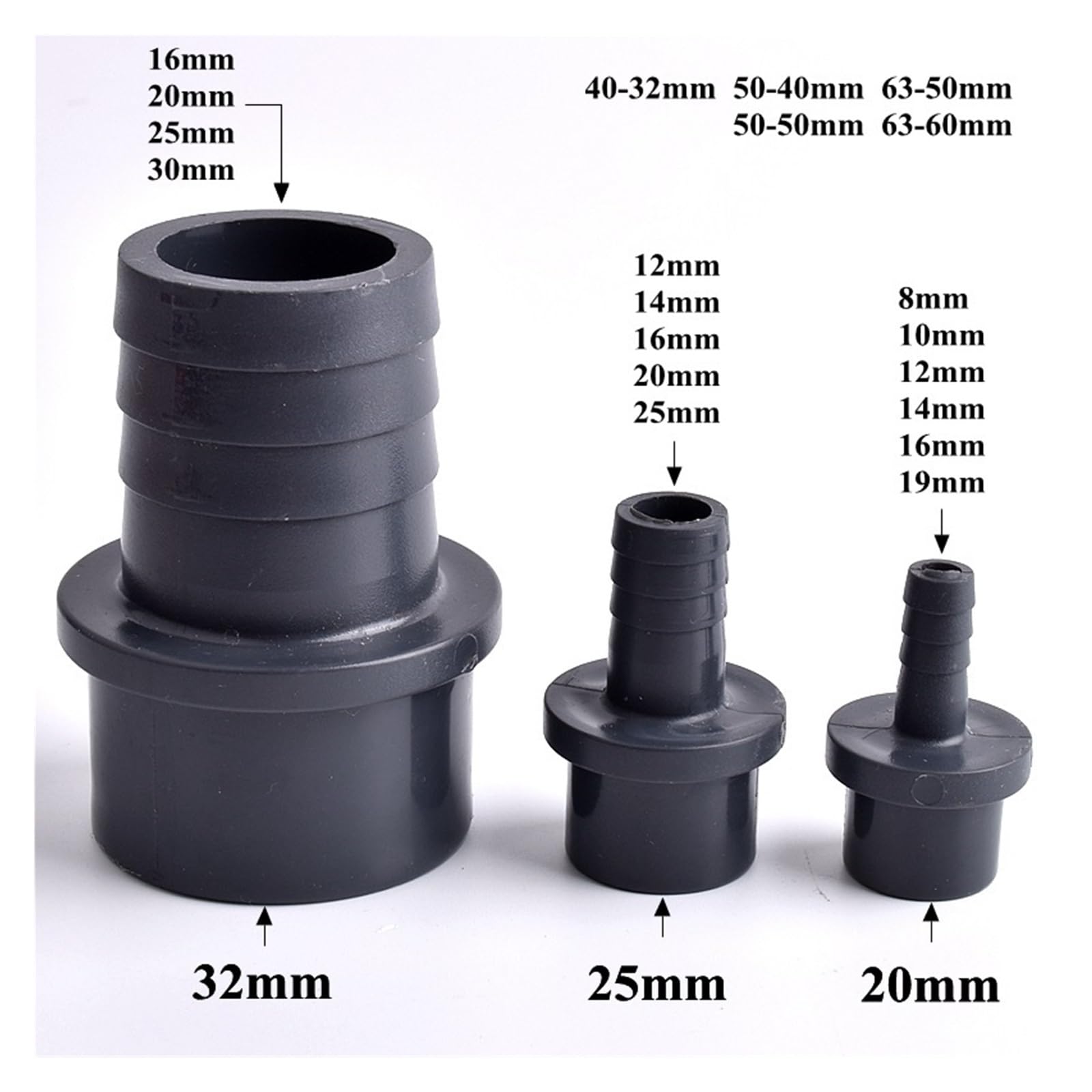 OD 20/25-8/10/12/14/16/19/20/25mm Connettore grigio scuro Adattatore for tubo da giardino Adattatore for tubo di irrigazione Accessori for giunti morbidi(O.D 20-19mm,20pcs)