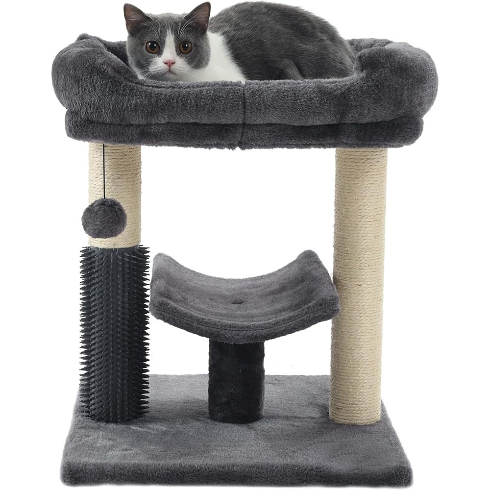 LENDIS Cat Tree Tower, scratching post for indoor cats, equipped with perches, cat self-grooming device and interactive hanging ball is perfect for kittens and cats