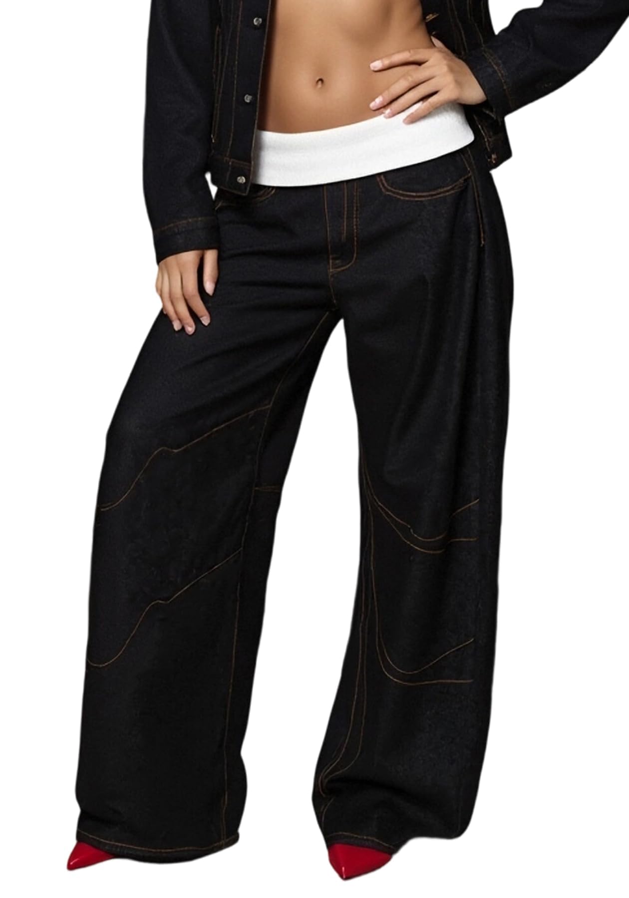 LETSVDO Womens Baggy Barrel Jeans Elastic High Waisted Wide Leg Cargo Y2k Patchwork Casual Stretchy Denim Pants