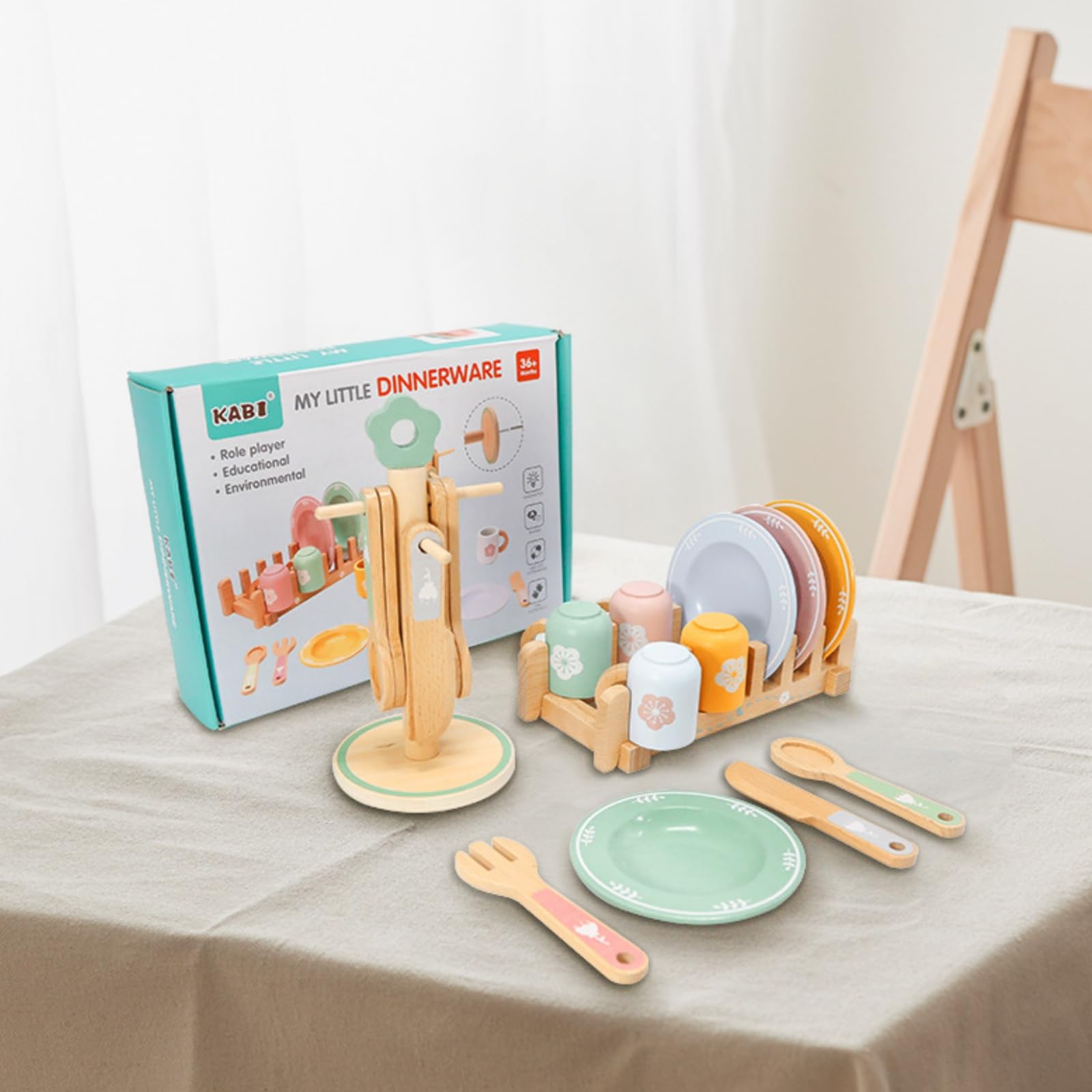 Qianly Set Cucina Giocattolo Bambini in Legno Stoviglie per Finzione con Piatti Bicchieri Posate Scolapiatti Ordinato Legno Liscio Adatto a Giochi di Ruolo Cameretta Regali