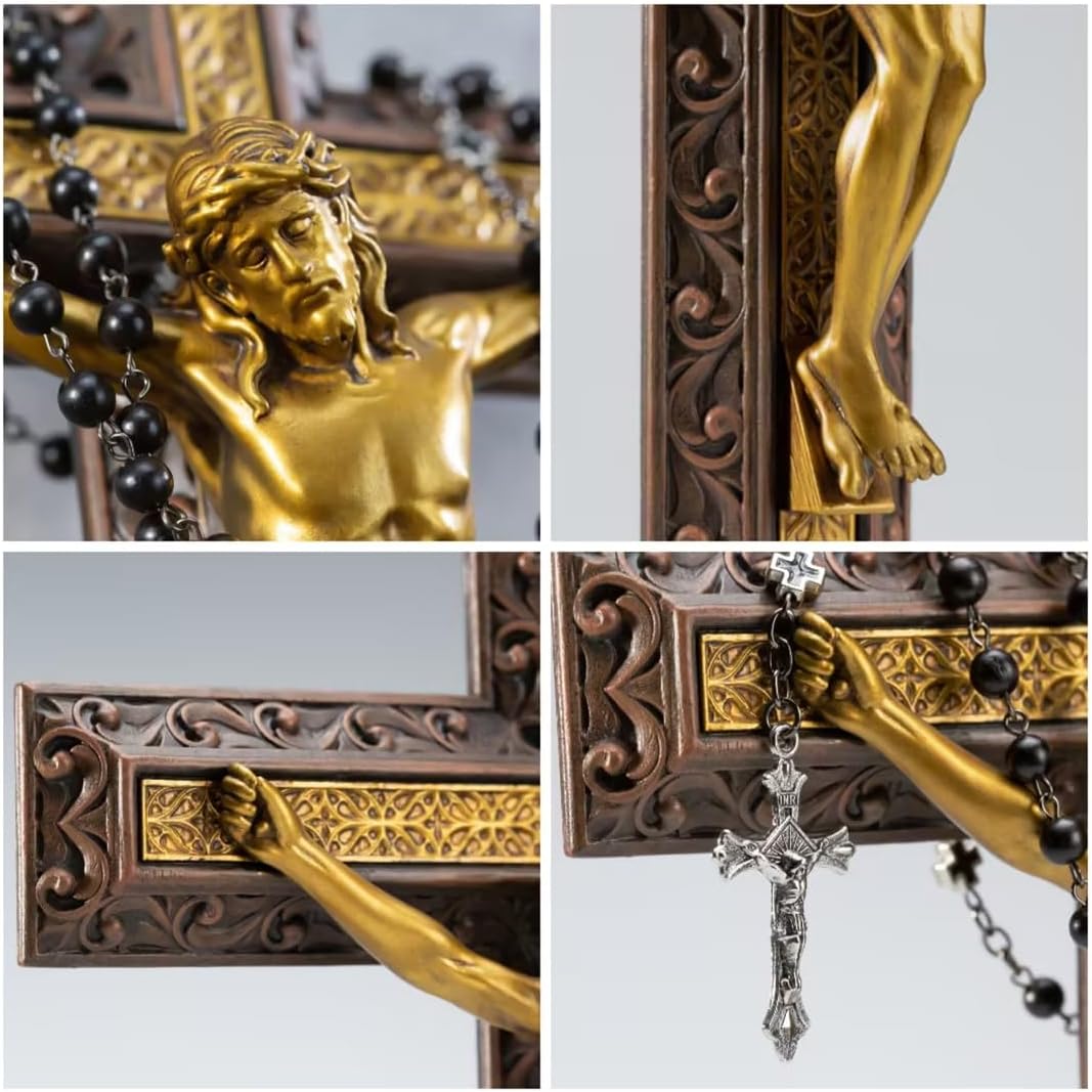 BC Catholic 14.2"H Crucifix Wall Cross with Black Ebony Wood Rosary | Jesus Cross for Wall Décor, Inspirational Religious Décor, Catholic Gift, Renaissance Sculpture Hand Painted by Buildclassic