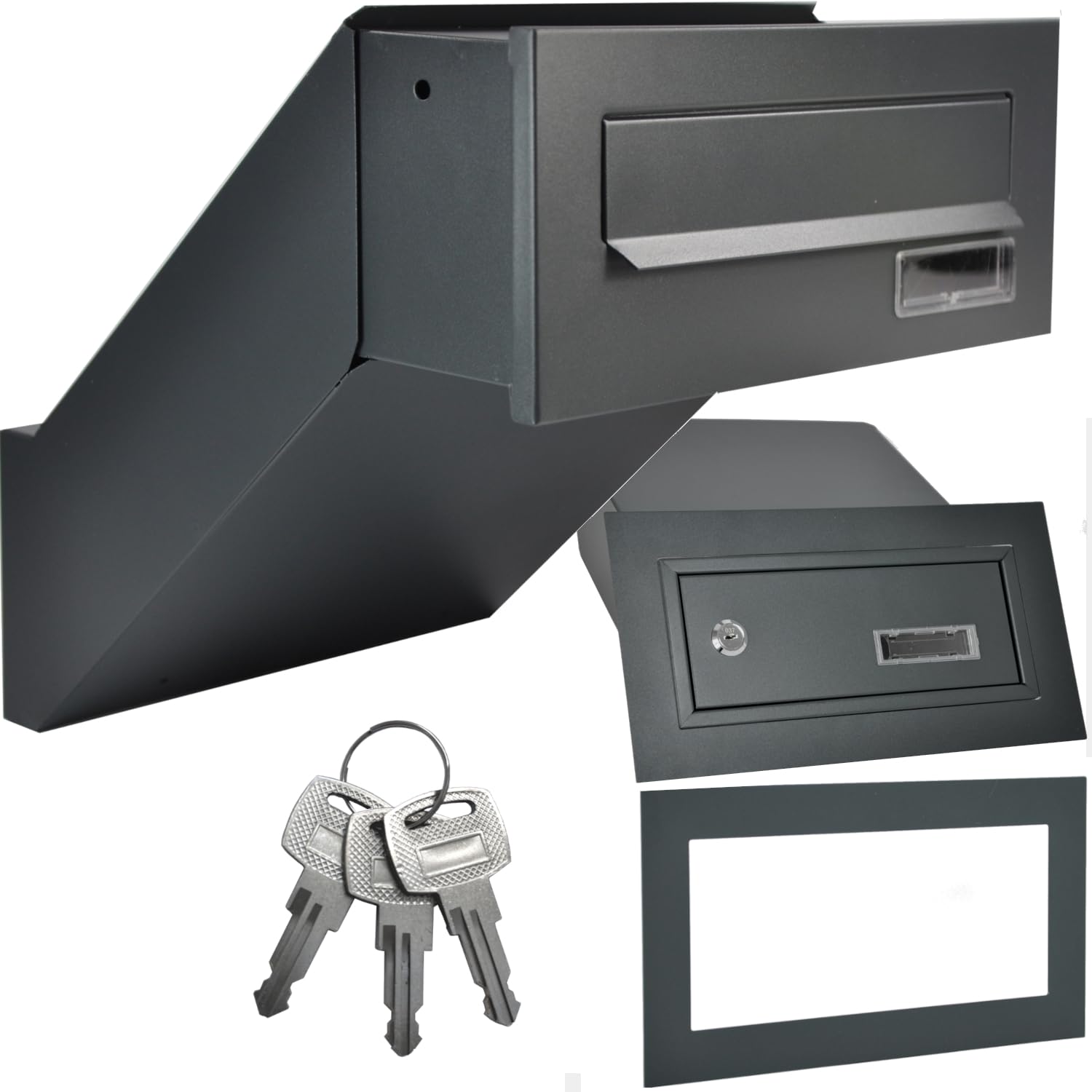 Cassetta delle lettere a muro antracite RAL 7016 con telaio, spessore parete 260 – 420 mm, resistente alle intemperie, pannello frontale 285 × 110 mm, lamiera d'acciaio verniciata a polvere, inserto