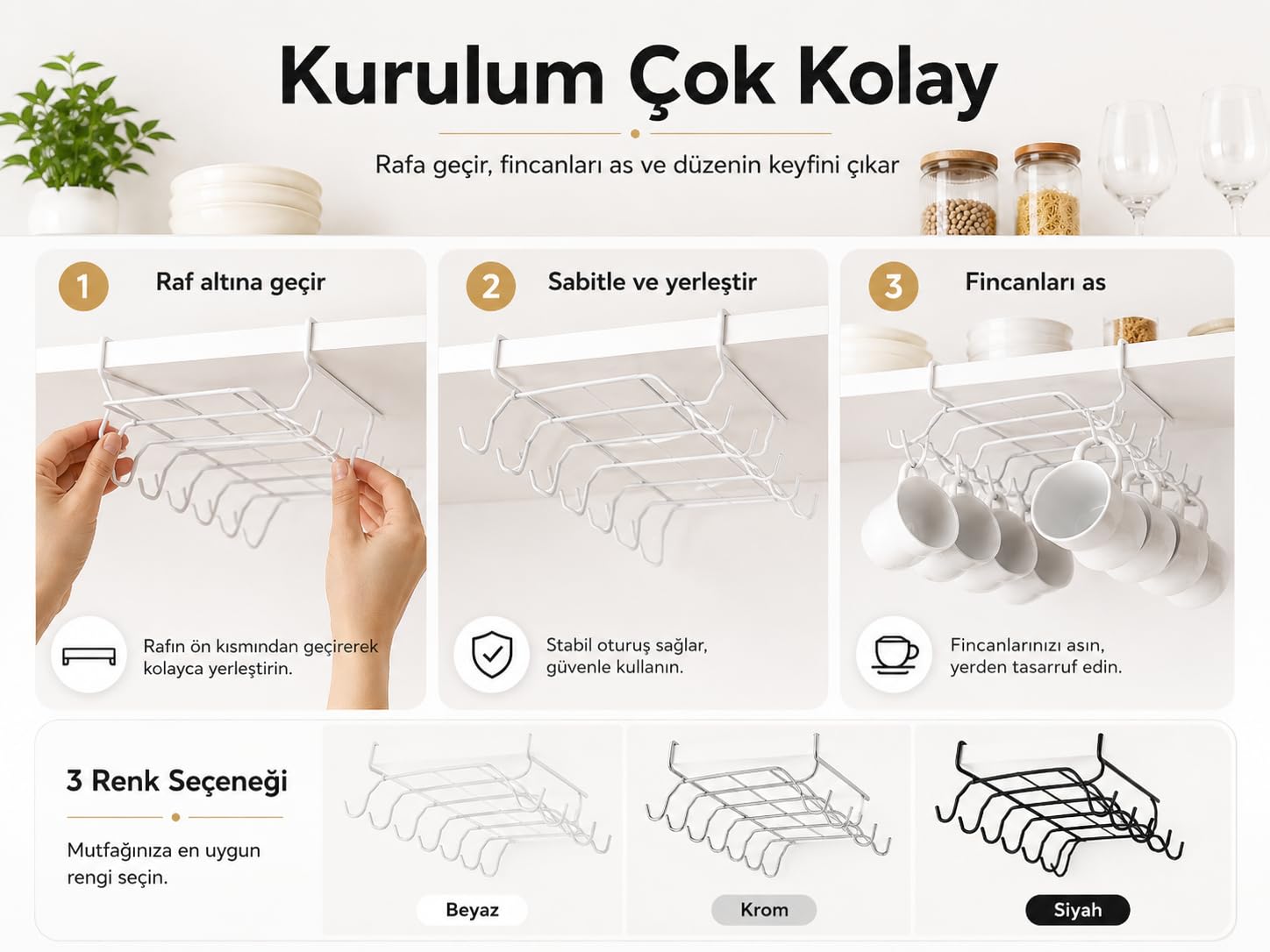 Alper Banyo 10 Kancalı Beyaz Fincanlık, Rafa Geçmeli Fincan Askısı, Dolap Altı Kupa Düzenleyici, Montajsız Metal Mutfak Organizer