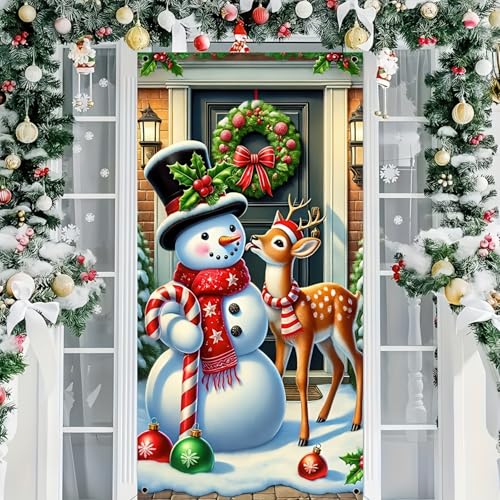 Image of BlissYard Christmas Door Cover 71x35 Inch Snowman and Reindeer Door Banner, Merry Christmas Door Decoration for Front Door, Indoor Outdoor Holiday Backdrop, Winter Xmas Party Door Hanging