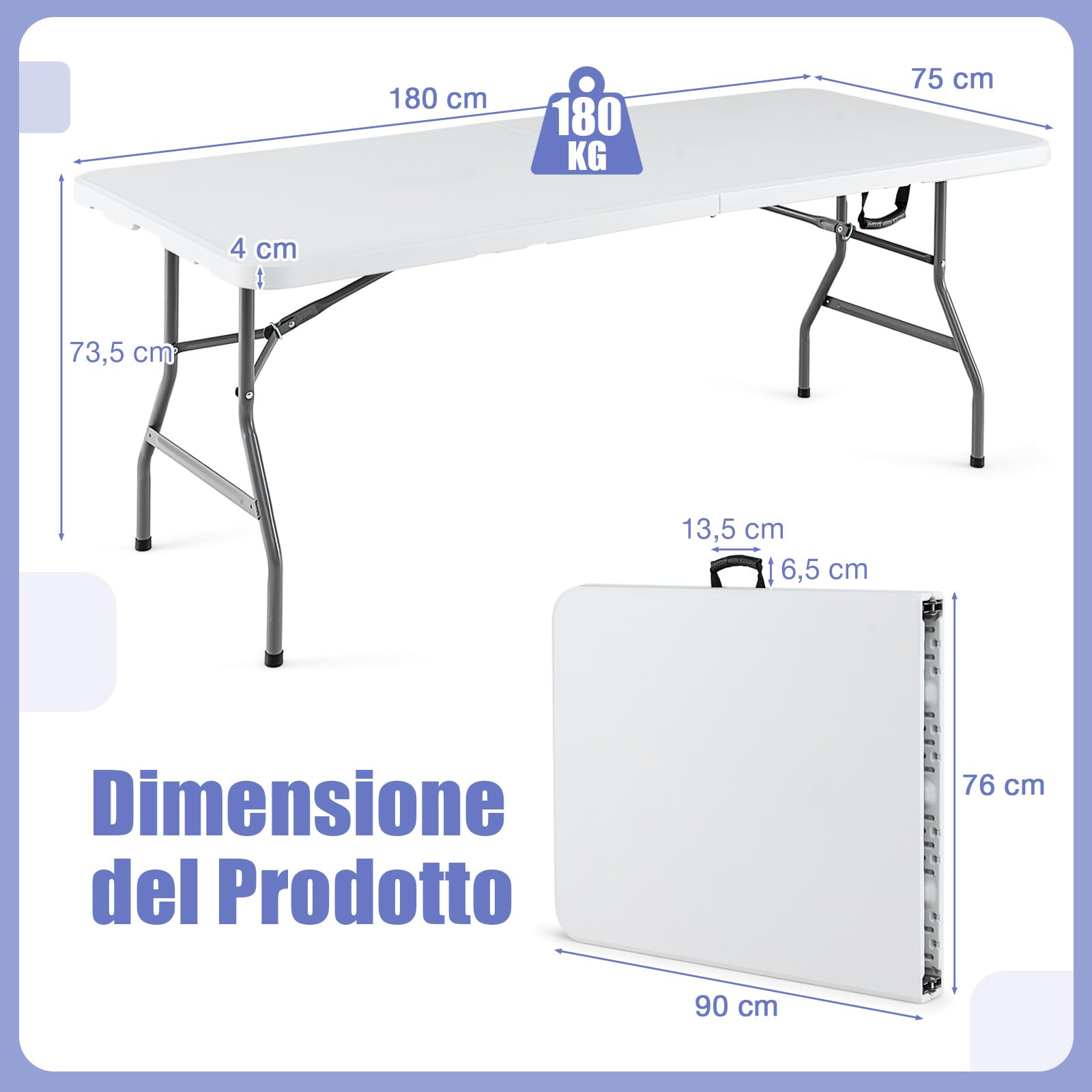 COSTWAY Tavolo da Pranzo Pieghevole 180 cm, Tavolo Campeggio con Maniglia | in Plastica, Gambe in Metallo e Piedini Antiscivolo, per Picnic, Campeggio, Giardino, Portata 180 kg