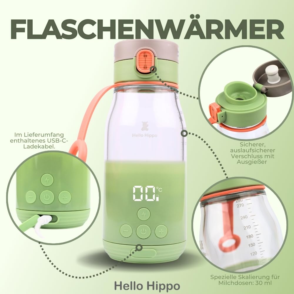 HELLO HIPPO® Premium Przenośny podgrzewacz do butelek z ładowaniem przez USB - koczowniczy podgrzewacz do butelek na mleko i wodę - pojemność 280 ml - 30 ml - Regulowana temperatura do 50°C