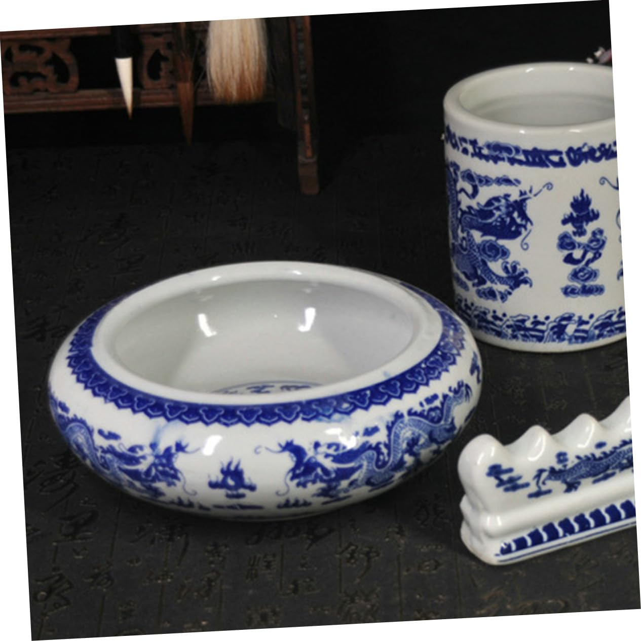 Ensemble Pot à Crayons Céramique Bleu et Blanc Petit, Bac à Laver Pinceaux Calligraphie Multifonction, Support Stylo Pinceau Cylindrique pour Bureau Artistique