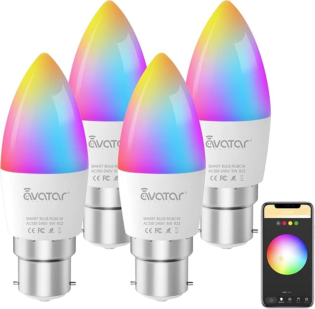 Avatar Controls Smart Bulbs LED Candle Bulb B22 Bayonet, Music Sync Colour Dimmable Light, RBG Warm Cool White