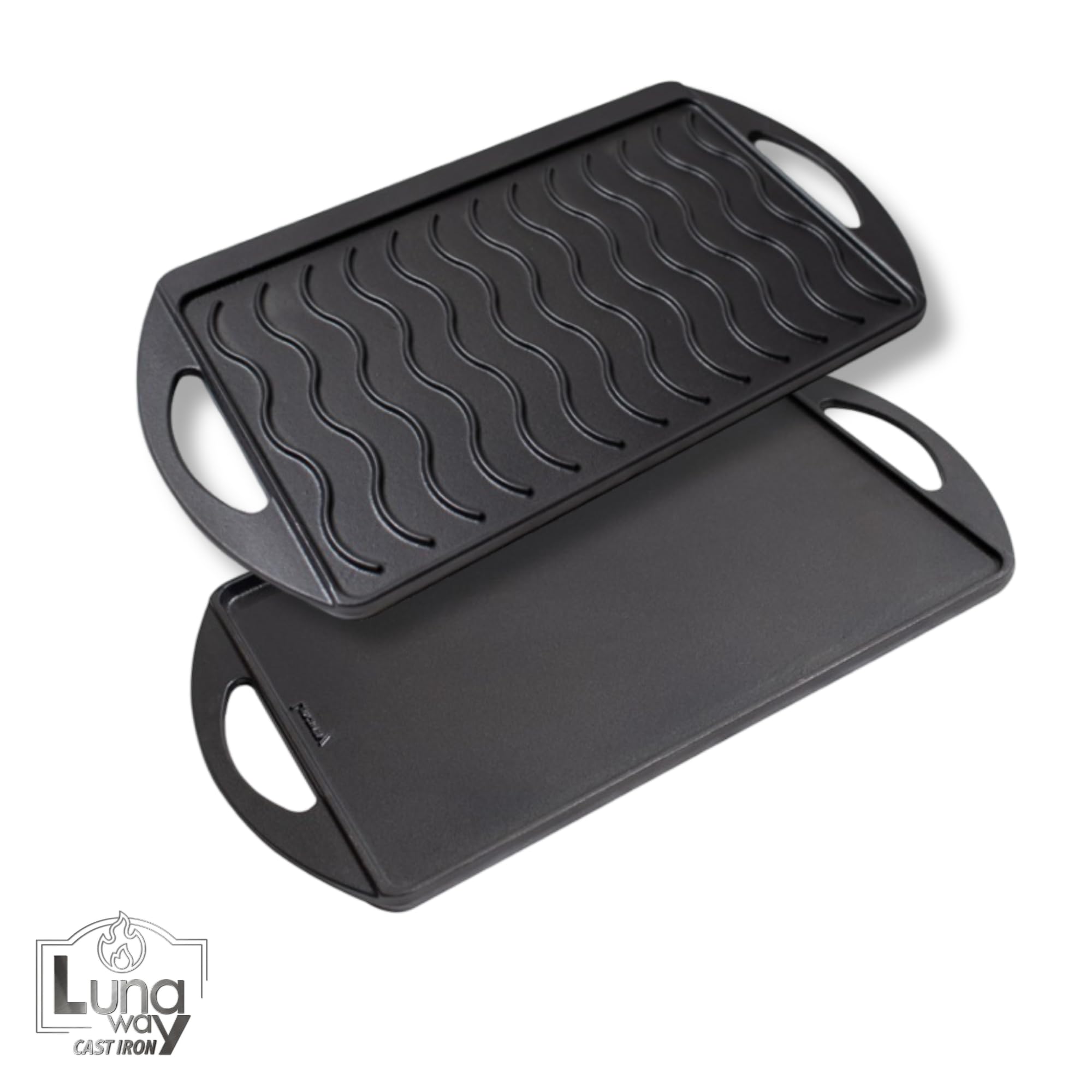 Griglia Piastra 55 x 30 cm REVERSIBILE 2 in 1 - Bistecchiera in Ghisa Smaltata | Doppia Superficie Liscia Ondulata | Antiaderente doppia smaltatura | Adatta a Fuoco Aperto Fornelli BBQ
