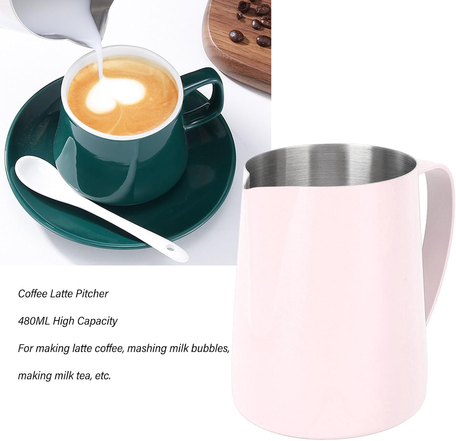 480ml/16oz Milk Frothing Pitcher, Stainless Steel Milk Steamer Frothing Cup with Inner Scale Barista Tools for Latte Art(Pink)