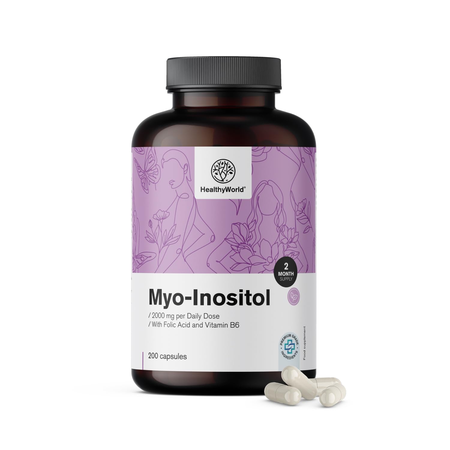 HealthyWorld Mio-Inozytol 2000 mg – 200 Kapsułek Roślinnych – Dla Kobiet – Kwas Foliowy, Witaminy B6 i B8 – Wsparcie Hormonów i Nastroju – Bez Alergenów – 2-Miesięczny Zapas