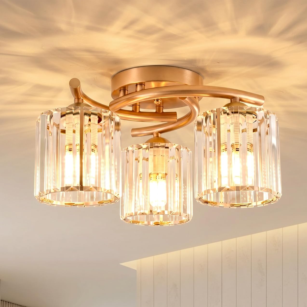 Warmiehomy Modern Crystal Chandeliers Ceiling Lights 100W, 3-Lights Crystal Chandeliers Light Shade, E27 Semi Flush Light Fittings for Living Room Bedroom Kitchen Hallway, Gold