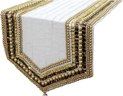 The HomeCentric Camino de mesa decorativo marfil, 14 pulgadas de ancho x 72 pulgadas de largo, camino de mesa de cuentas de seda con cuentas