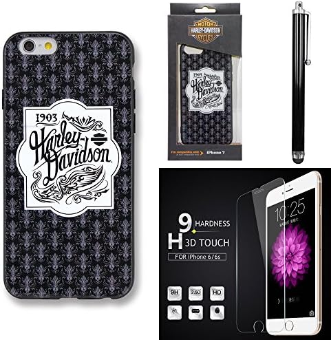 Harley Davidson Black and White Cover for iPhone 7 with Tempered Glass Screen Guard and stylus pen.