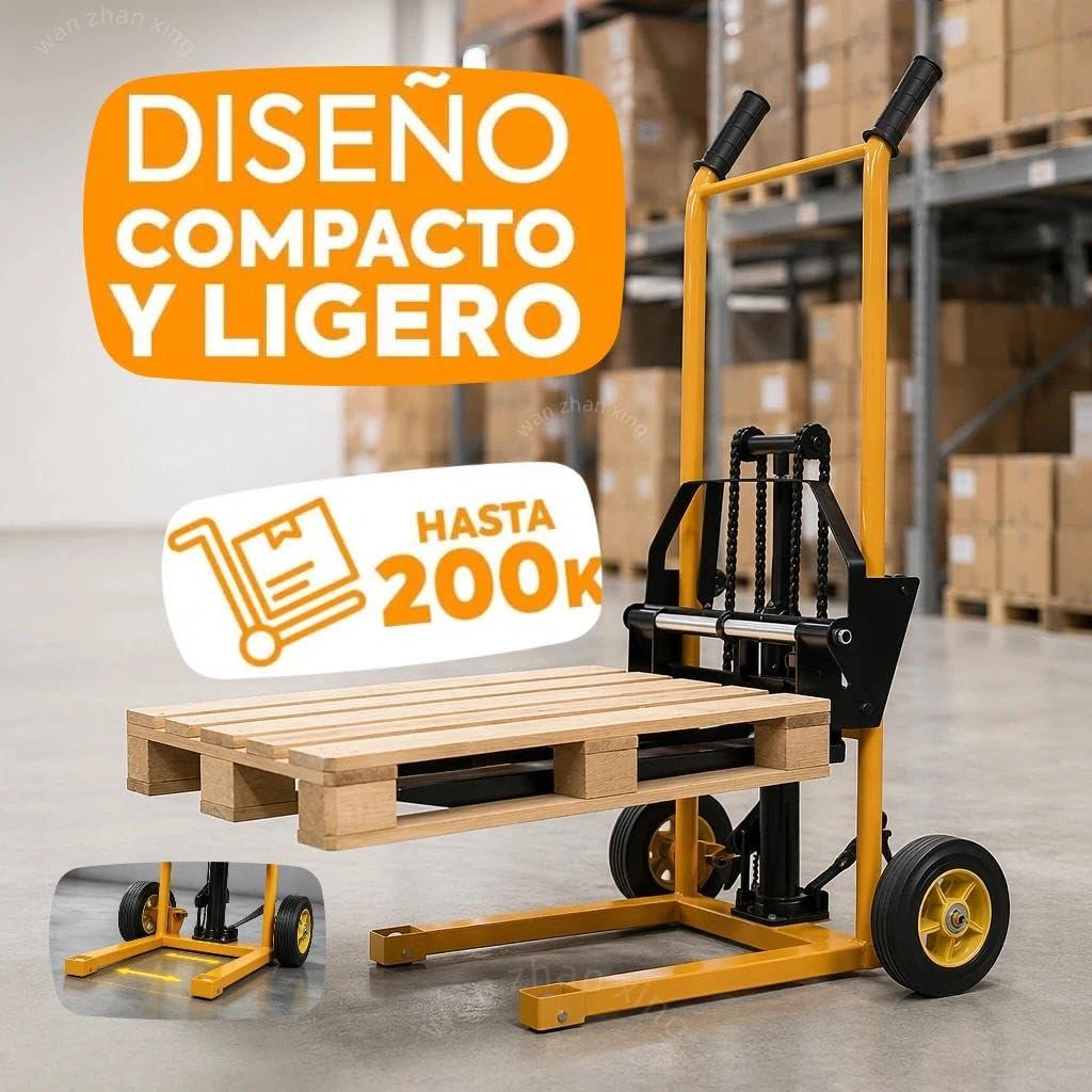 Apilador Hidráulico Manual 200kg, Transpaleta con Plataforma de Acero Desmontable, Elevador de Cargas para Almacén