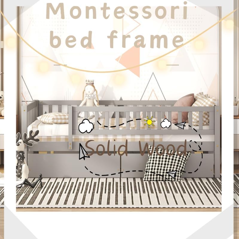 Miniatura 6 de Bellemave Armazón de cama tamaño completo con barandillas de valla y cajones de almacenamiento, camas infantiles de madera estilo Montessori con