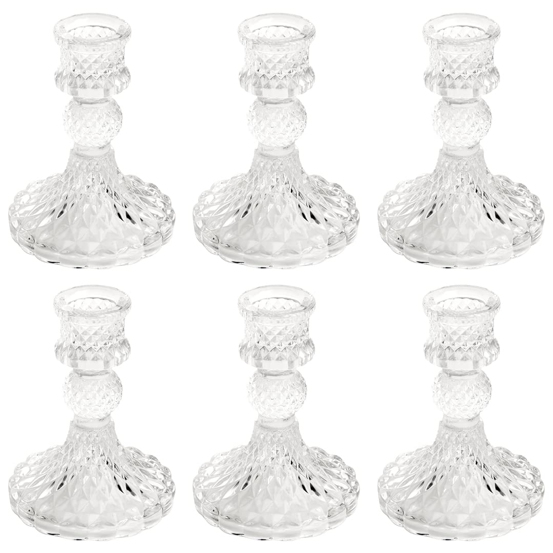 Koyal Wholesale Vintage Glass Taper Candle Holders, Mid Century Modern Decor Holiday Centerpiece Wedding Dinner, 6-Pack