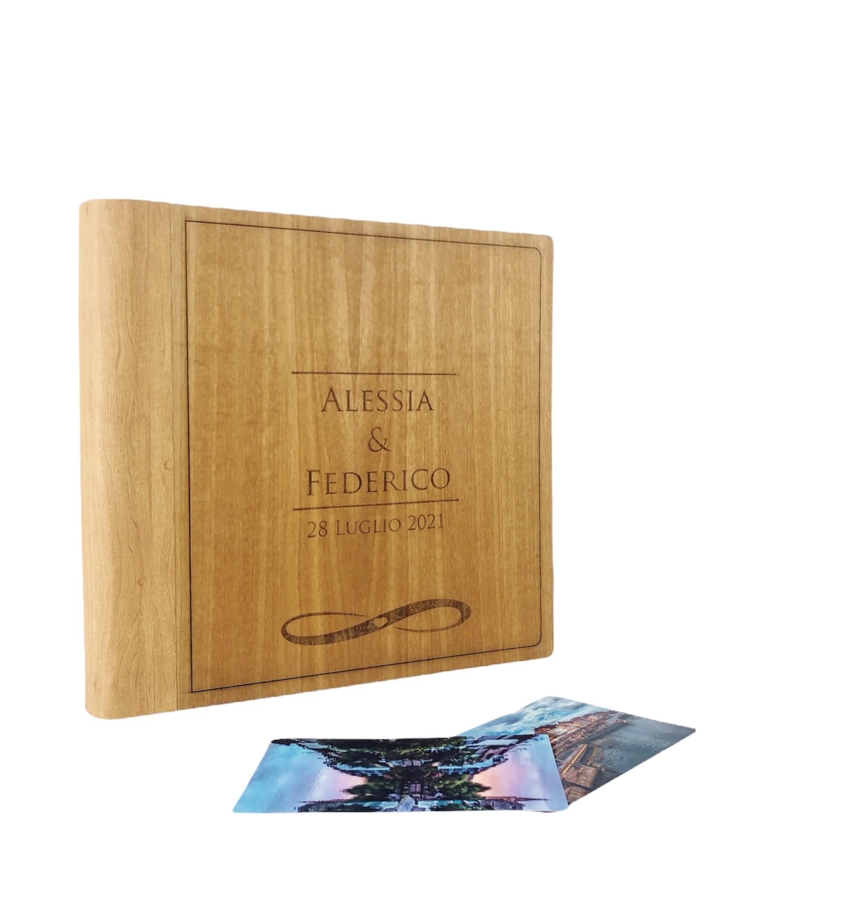 TriVin Art, Album Fotografico in Similpelle pregiato effetto legno,con applicazione in legno personalizzabile.Ideale per Battesimo, matrimonio, comunione e fotoricordi. (Personalizza Rovere)