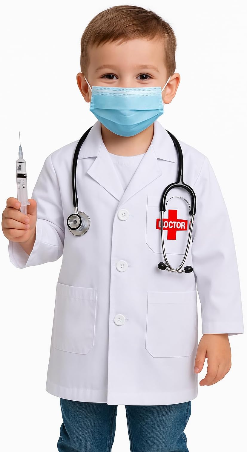 Doctor Dress for kids |surgeon dress for boys and girls | Kids Doctor Costume Set with Stethoscope, Mask, and Injection for School Annual Functions, Role Play, and Special Events