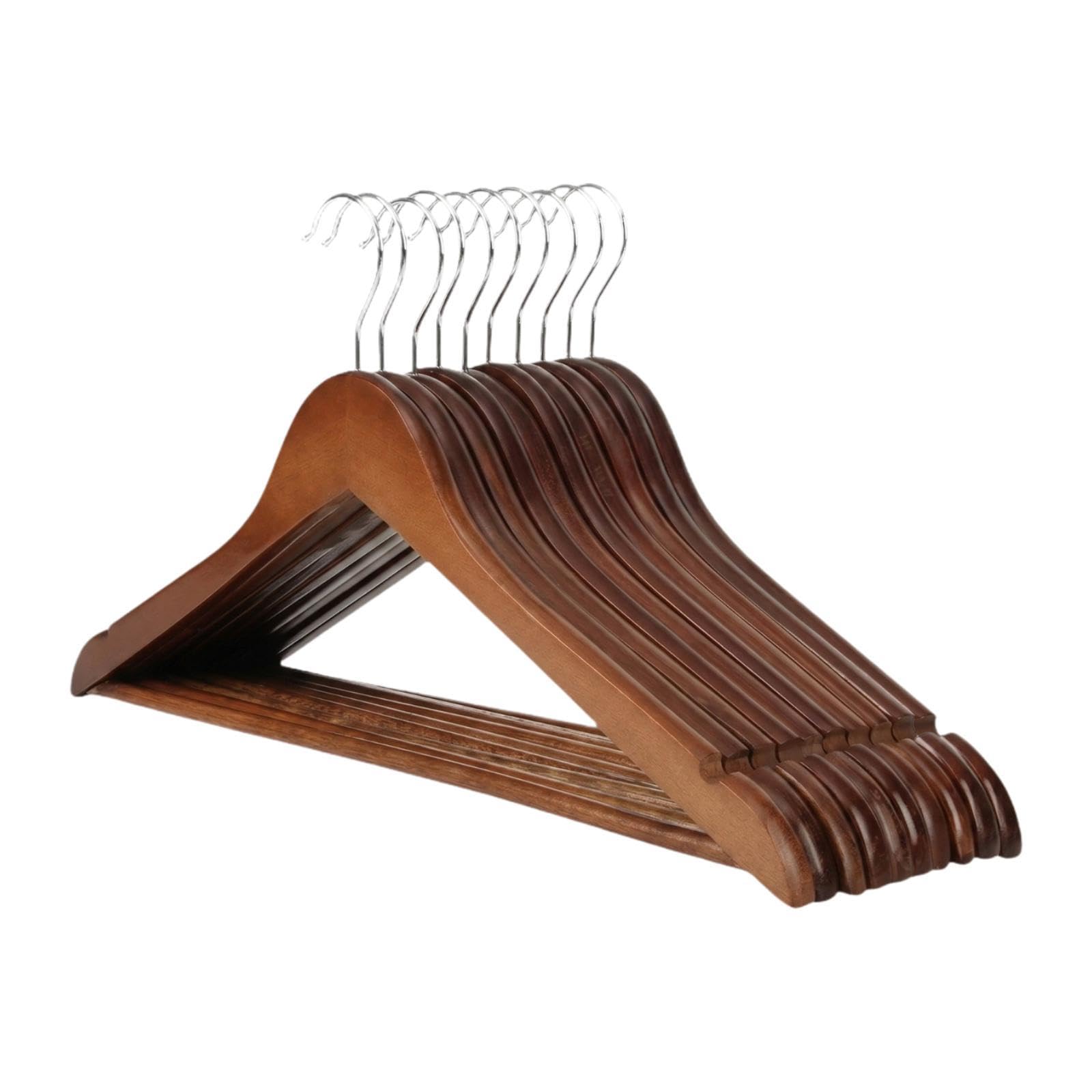 Juego de 10 Perchas de Madera Resistentes para Ropa, Tendedero, Perchas con Muescas para Los Hombros, Toallas Y Bufandas, Color Nogal, Individual