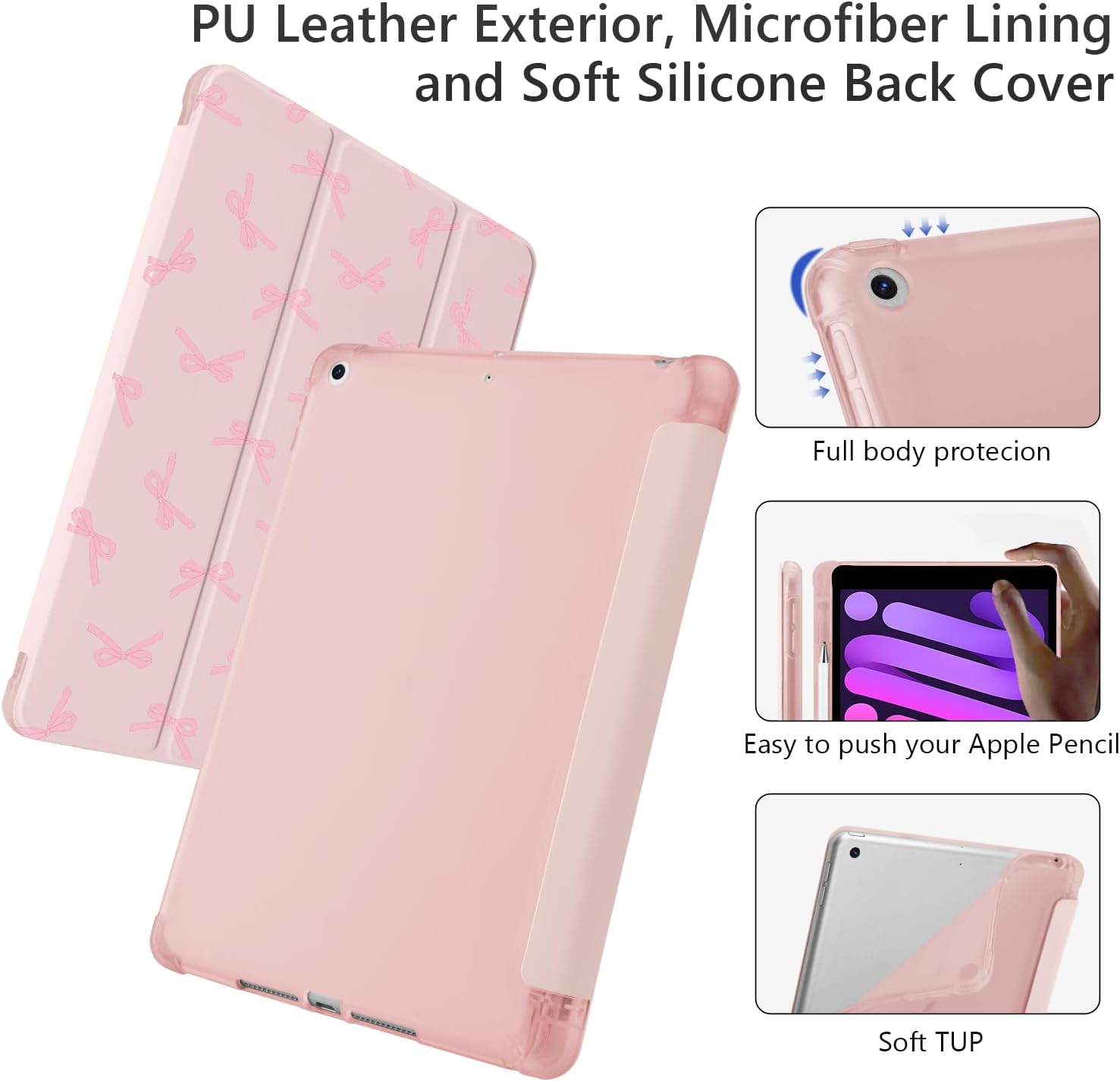 Cute Kawaii Pink Bow for iPad Air 3 Case with Pencil Holder, Auto Sleep/Wake, Pink Leather Soft TPU Back Cover for iPad Pro 10.5 Inch 2017