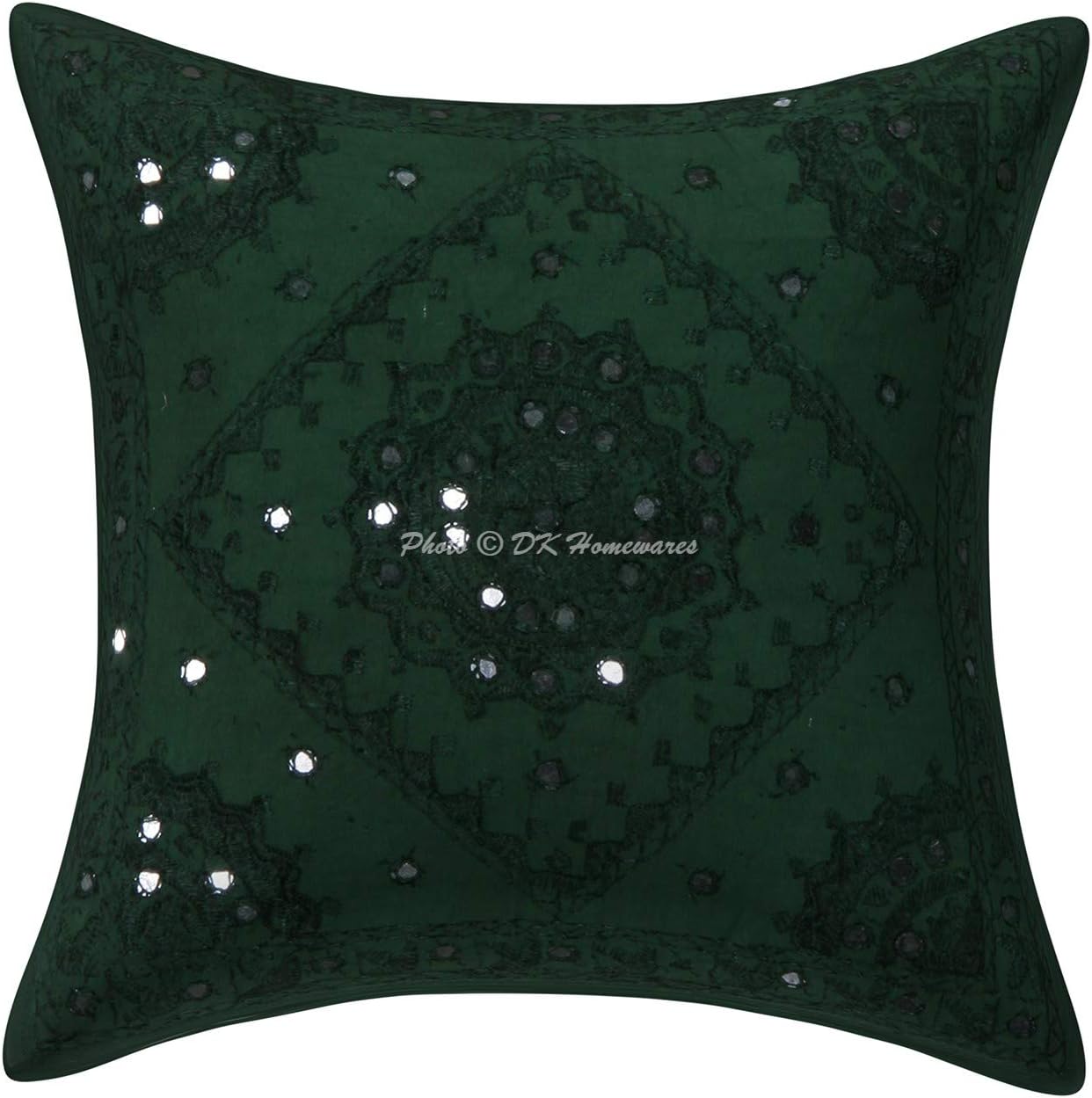 Bohemian Decorative Toss Throw Pillowcases 16x16 Inch Cotton Embroidered Mirrored Indian Square Accent Cushion Covers (Size - 40x40 cm ; Color: Dark Green) - Set of 5 Pcs (Cover Only)