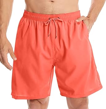 Mens Beach Surfing Shorts Swim Trunks Casual Solid Color Elastic Waist Drawstring Loose Active Shorts with Pocket