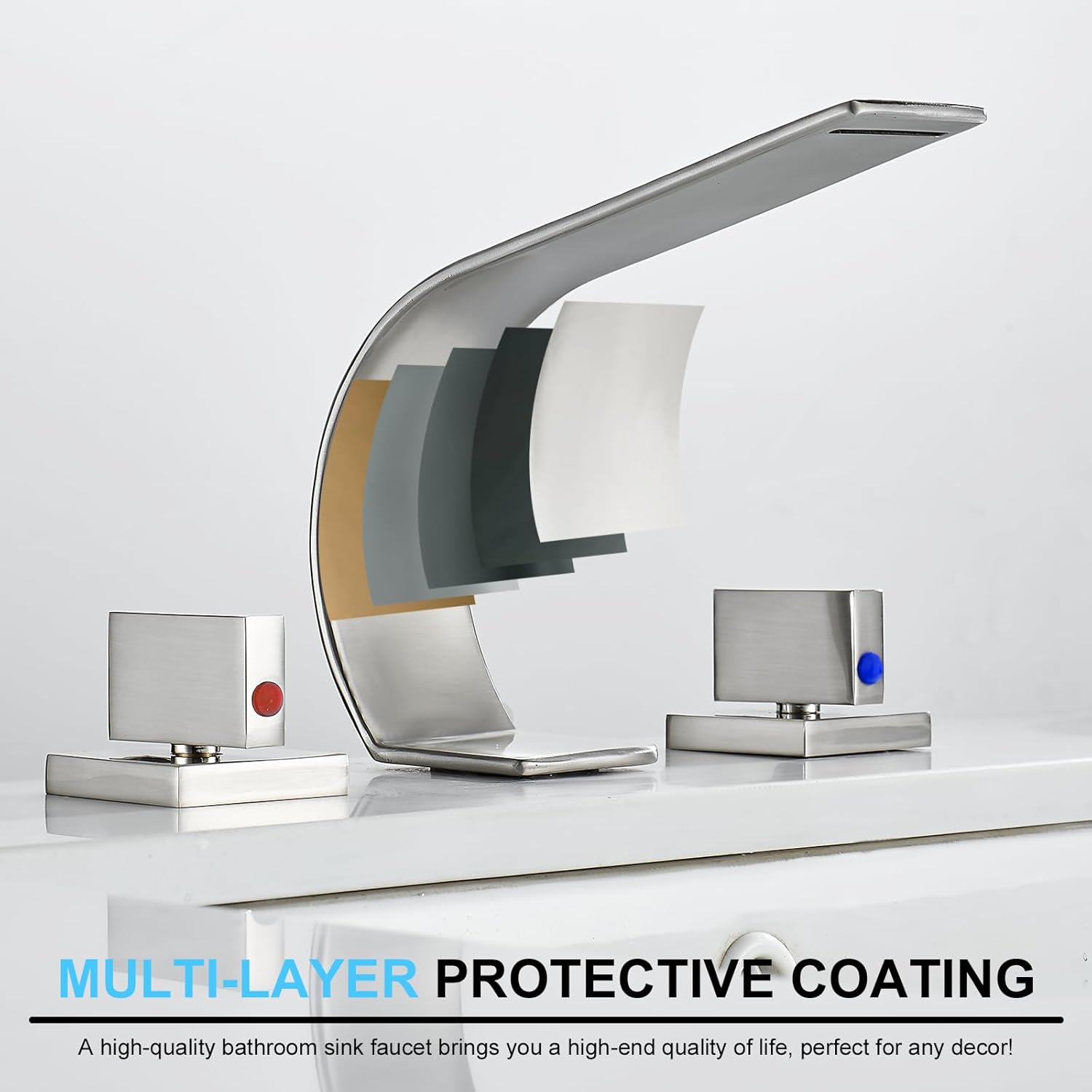 Brushed Nickel Bathroom Faucet 3 Hole,Ultrathin Low Arc 8 inch Widespread Bathroom Sink Faucet,Waterfall Bathroom Faucet,2-Handle Modern Vanity Faucet with Hot and Cold Water Supply Hoses