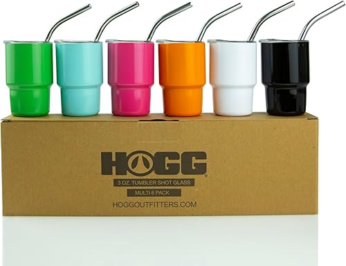 Hogg Vasos de chupito de 3 onzas en varios colores con tapa y popote inoxidable (paquete de 6), bricolaje, personalizables, reutilizables,