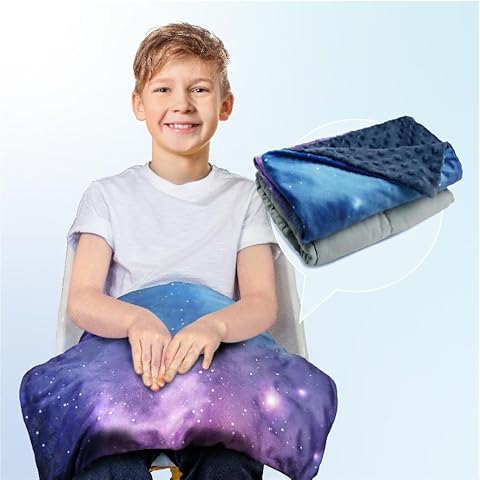 Solfres Small Weighted Lap Pad Blanket Throw for Kids Boys Teens 20in x 23in 5 Lbs - Sleep Therapy Plush Travel Size with Removable Cover, Galaxy Space Stars, Washable, Dark Blue Cover