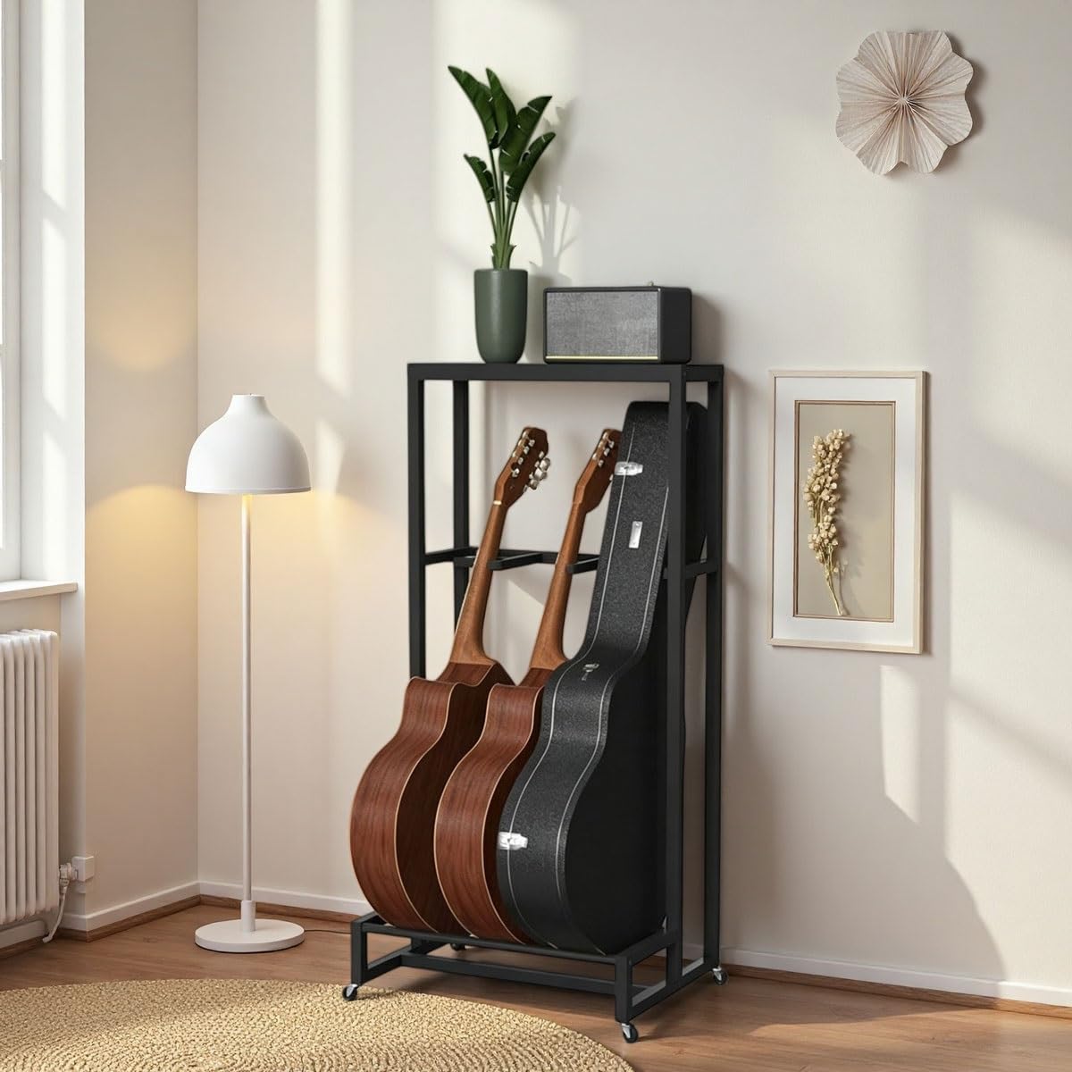 Supporto mobile in metallo per chitarre e accessori per amplificatori | Ospita 3 strumenti a corda, con ripiano superiore, ideale per studi musicali domestici