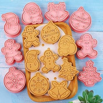 BAKINGSET 8 Pieces Cute Christmas Cookie Cutter with Stamps Set, Xmas Cookie Plunger Mold, 3D Pressable Biscuit Cutters, Gingerbread Man/Xmas Tree/Snowman/Jingle Bell/Santa, Embossed Pastry Cutters