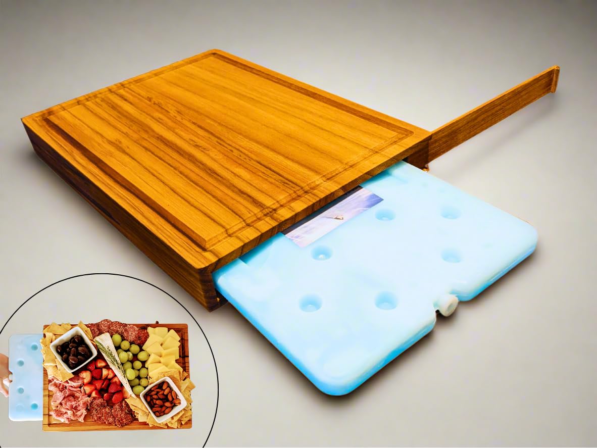 Latitude Board®- Original Chilled Charcuterie Board with a Built In Ice Pack. Premium Handcrafted Teak Wood Serving Board. 15inx11.5inx 2in