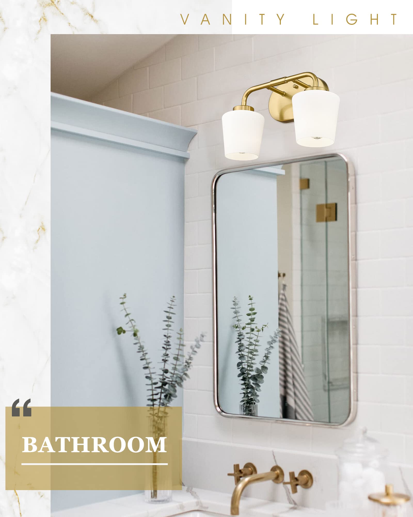 Audickic Brushed Gold Bathroom Vanity Light, Farmhouse Brass Sconces Wall Lighting with Milk White Glass, Champagne Bronze Light Fixture Over Mirror, AD-22004-2W-GD