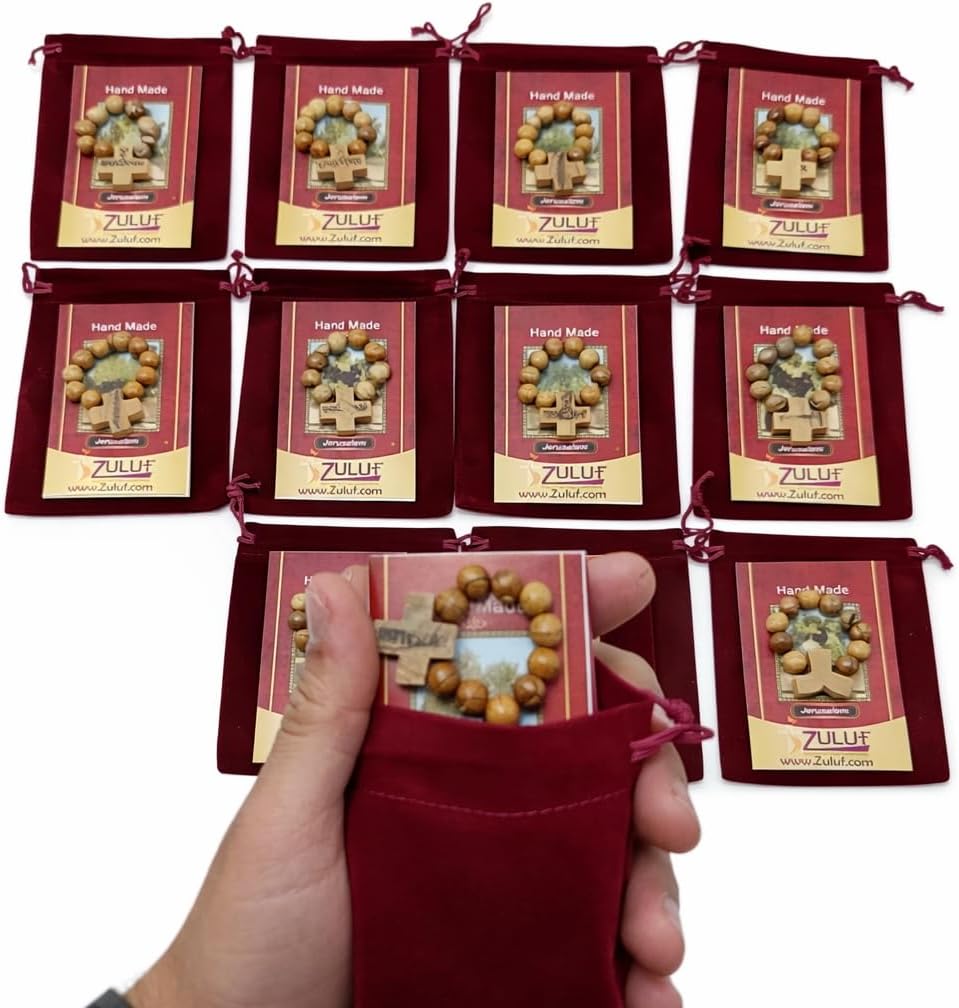 Zuluf Olive Wood Finger Rosary Set of 12 – Bulk pack of genuine Holy Land olive wood prayer rings handmade in Bethlehem with certificates of authenticity and individual protective pouches for each rosary.