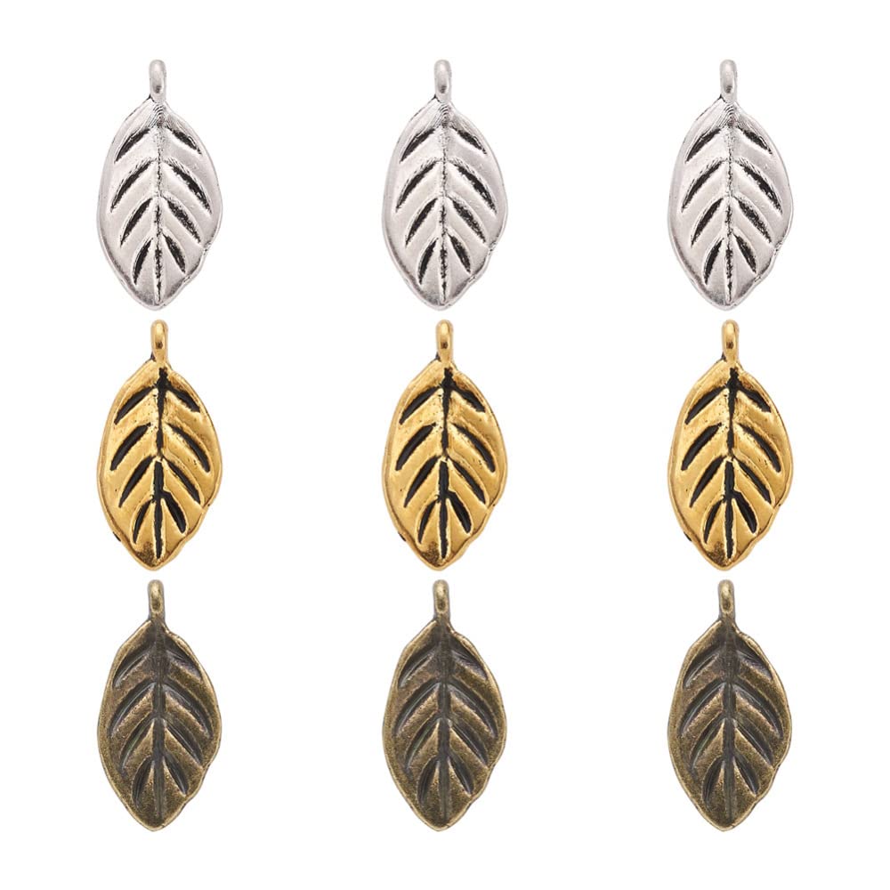 Cheriswelry 120pcs Tibetan Style Alloy Leaf Pendants Detailed Carved Tree Leaf Dangle Charms for Jewelry Making Antique Bronze & Silver & Golden — image 1