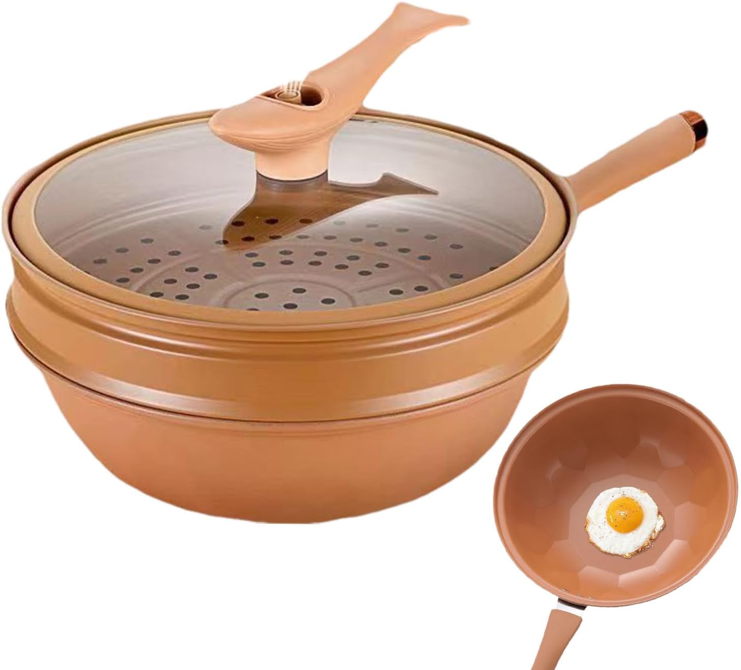 Toseky Iron Wok with Lid,Wok with Steamer Basket,Nonstick Frying Pan
