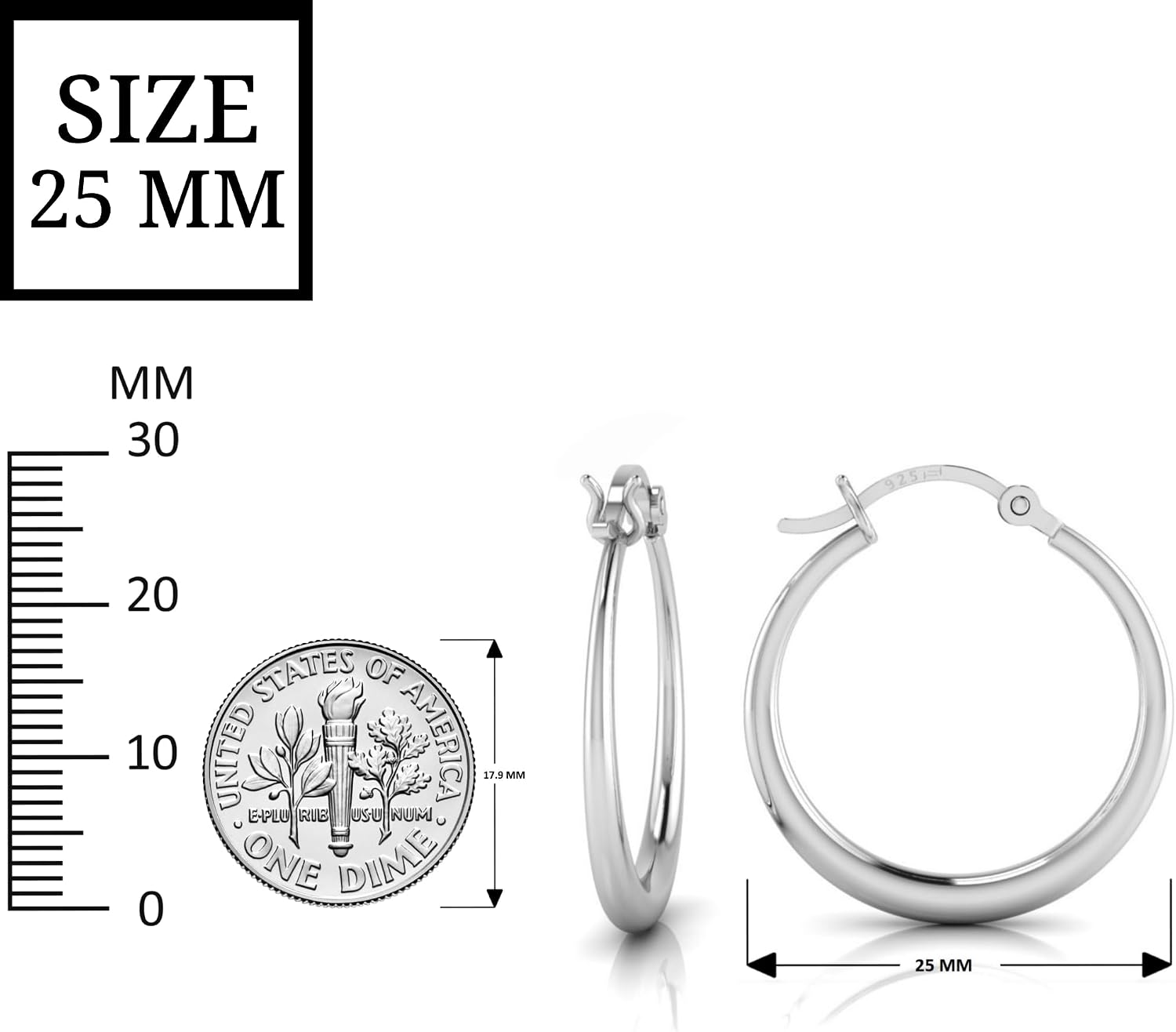 TURQNTAUPE 925 Sterling Silver Hoop Earrings Lightweight Thick Hypoallergenic Silver Hoop Earring for Women 25mm Earring Hoops