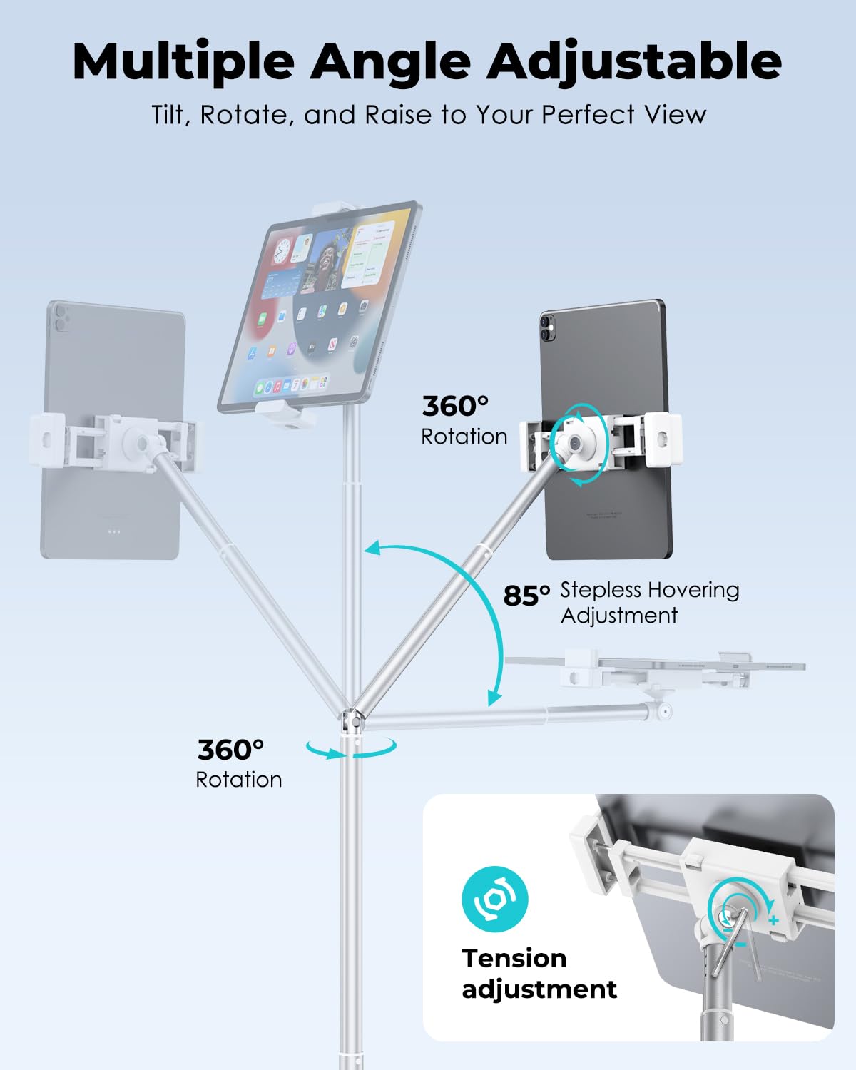 Viozon Tablet-Bodenständer, Höhe & Winkel verstellbar mit Arm aus Aluminiumlegierung, 360° drehbar, ideal für Bett, Sofa oder Nachttisch, kompatibel mit 3,5-11 Zoll iPad Pro/Air/Mini, iPhone 15/14