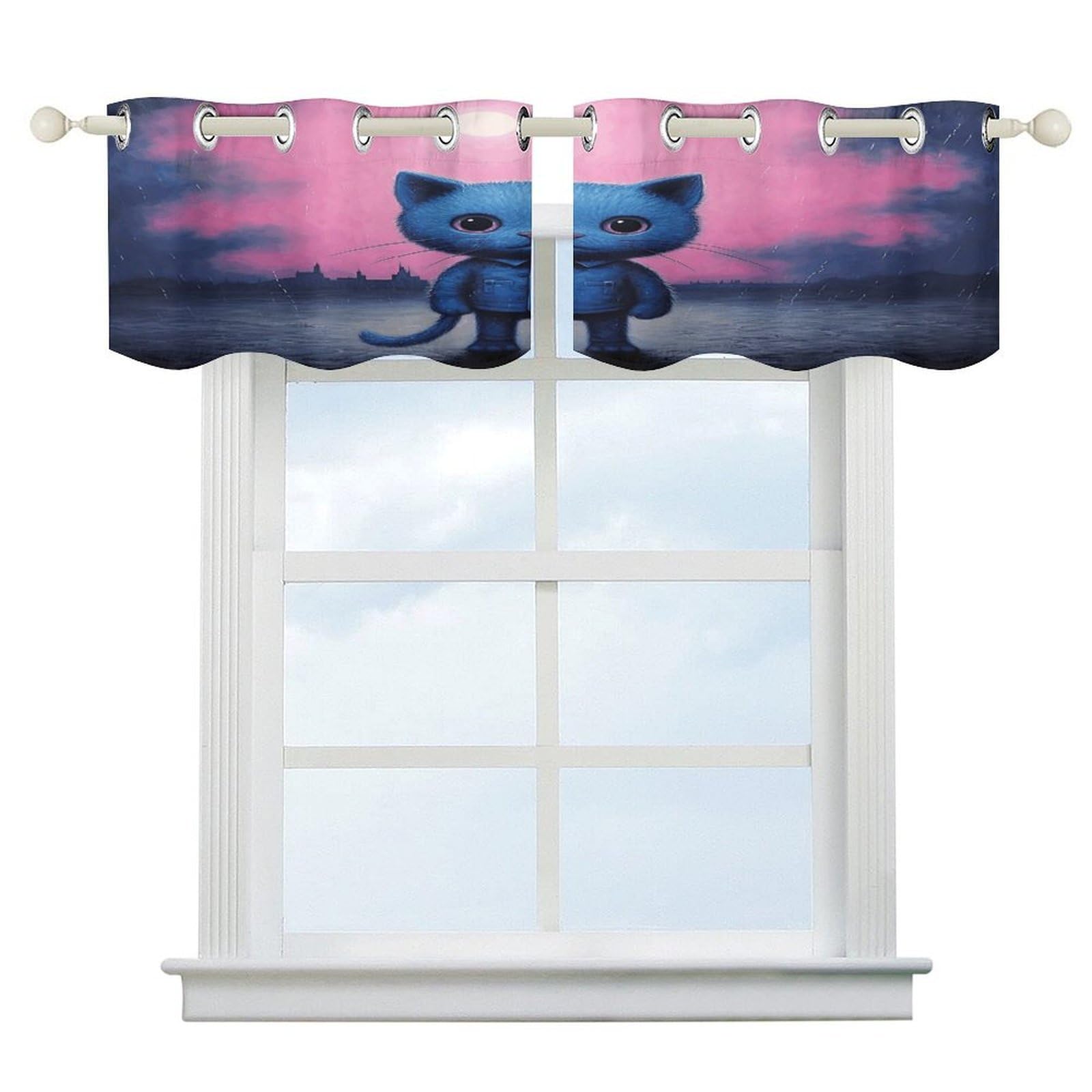 Fekiloot Style Dark Blue Cat Short Curtains Valance Curtain