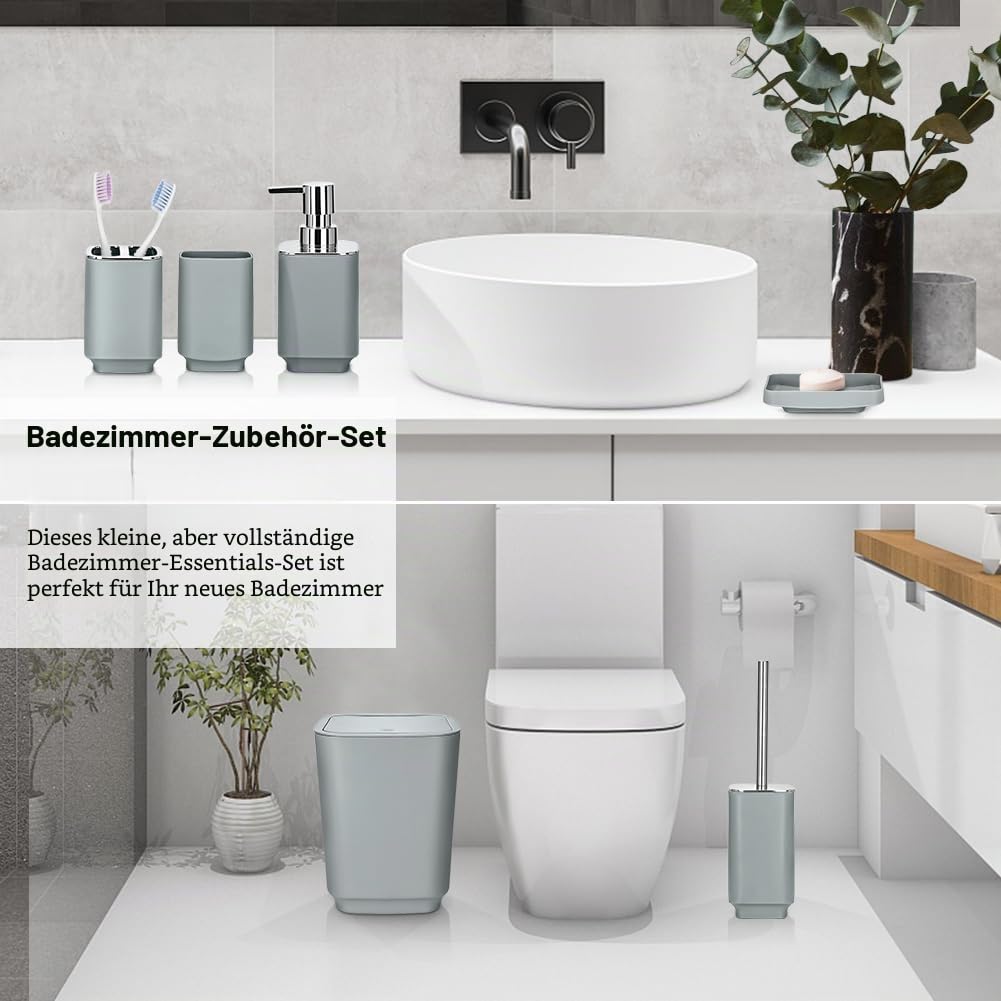 JOTOM 6-teiliges luxuriöses Kunststoff-Badezimmer-Zubehör-Set mit Mülleimer, WC-Bürste, Zahnbürstenhalter, Becher, Seifenschale und Seifenspender
