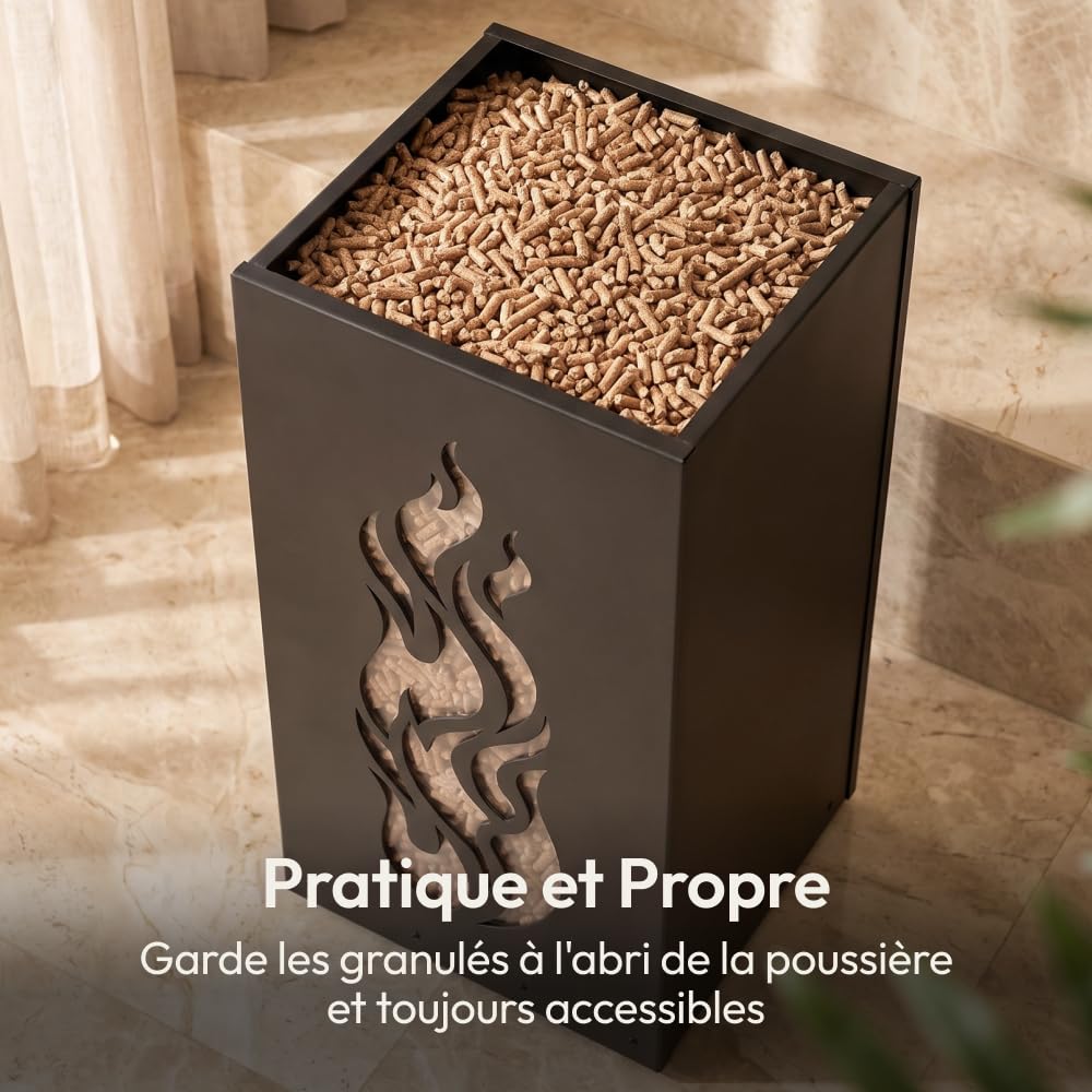 CASABEL Réservoir Pellets & Granulés avec Roulettes, Cap.45kg, Motif Flamme