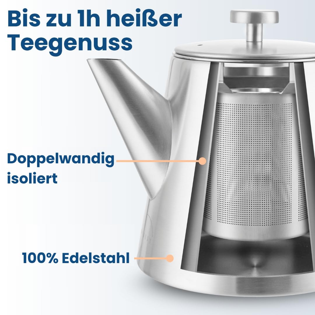 Teekanne mit Siebeinsatz 1 Liter I Edelstahl gebürstet I Warmhalte-Funktion I incl. Korkuntersetzer I Hochwertiger Teebereiter Doppelwandig I Perfekt für losen Tee, Ingwer & Kräuteraufgüsse