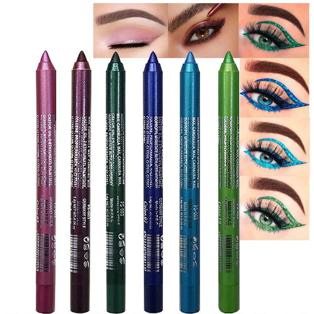 Kaely 6Pcs Glitter Gel Eyeliner Pencil Set for Women, Color Eye Liner Waterproof Smudge Proof with Sharpener, High Pigmented Eye Makeup Liners, lapiz