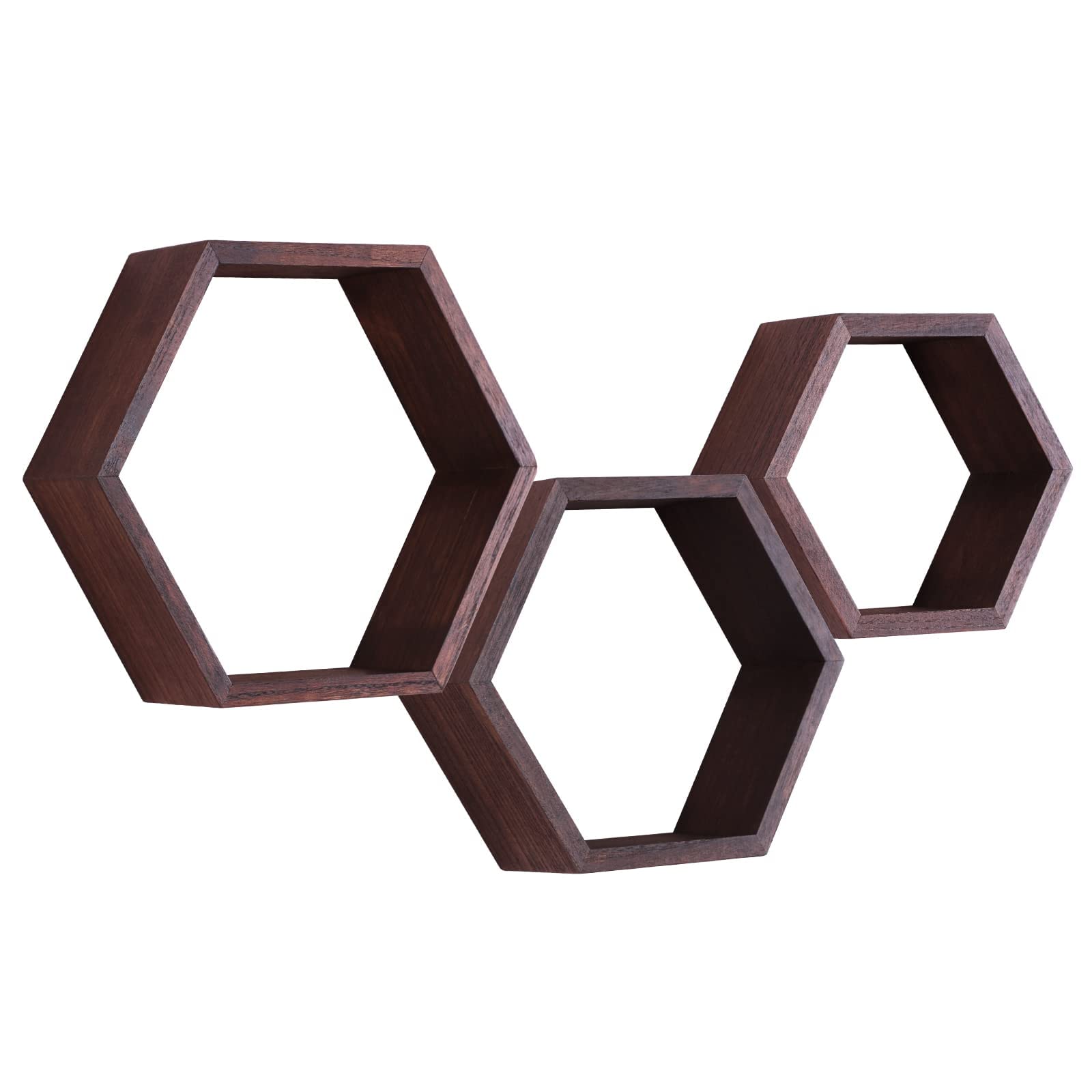 MIHORLIFE Hexagon Floating Shelves, Wooden Wall Mounted Hexagonal Shelf, Solid Wood Decorative Hanging Display Rack Ledge for Bedoom, Living Room, Office, Home Decor, Set of 3(Dark Walnut)
