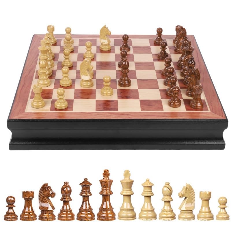 Set di scacchi in legno con 2 cassetti portaoggetti integrati, gioco di scacchi for principianti, bambini, adulti e principianti. scacchiera portatile(King97MM)