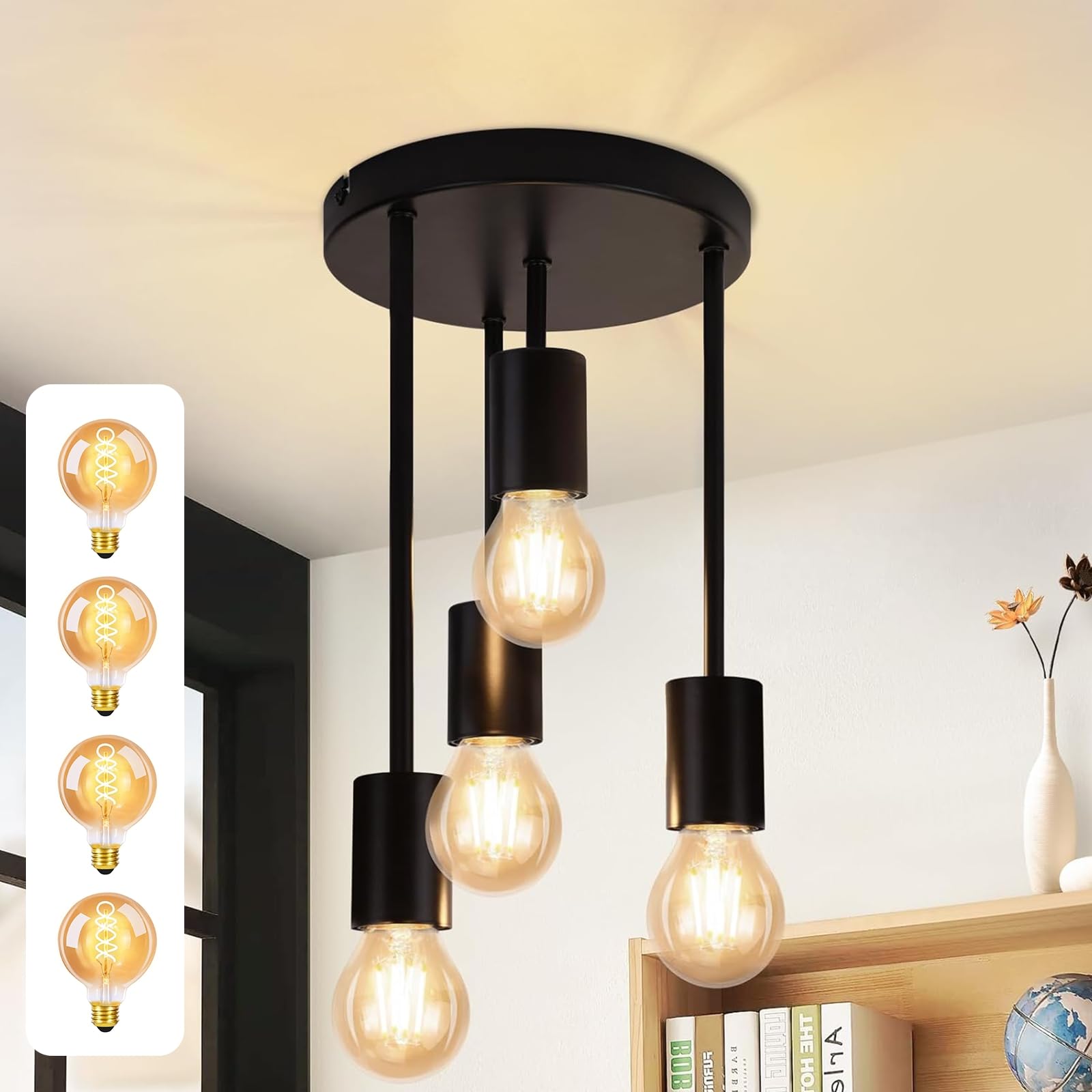 CBJKTX Deckenleuchte Vintage Deckenlampe Schwarz - 4 Flammig E27 Küchenlampe Retro Metall Hängend Industrial Deckenspots mit 4 Lichtquellen für küche Flur Schlafzimmer Wohnzimmer Bar