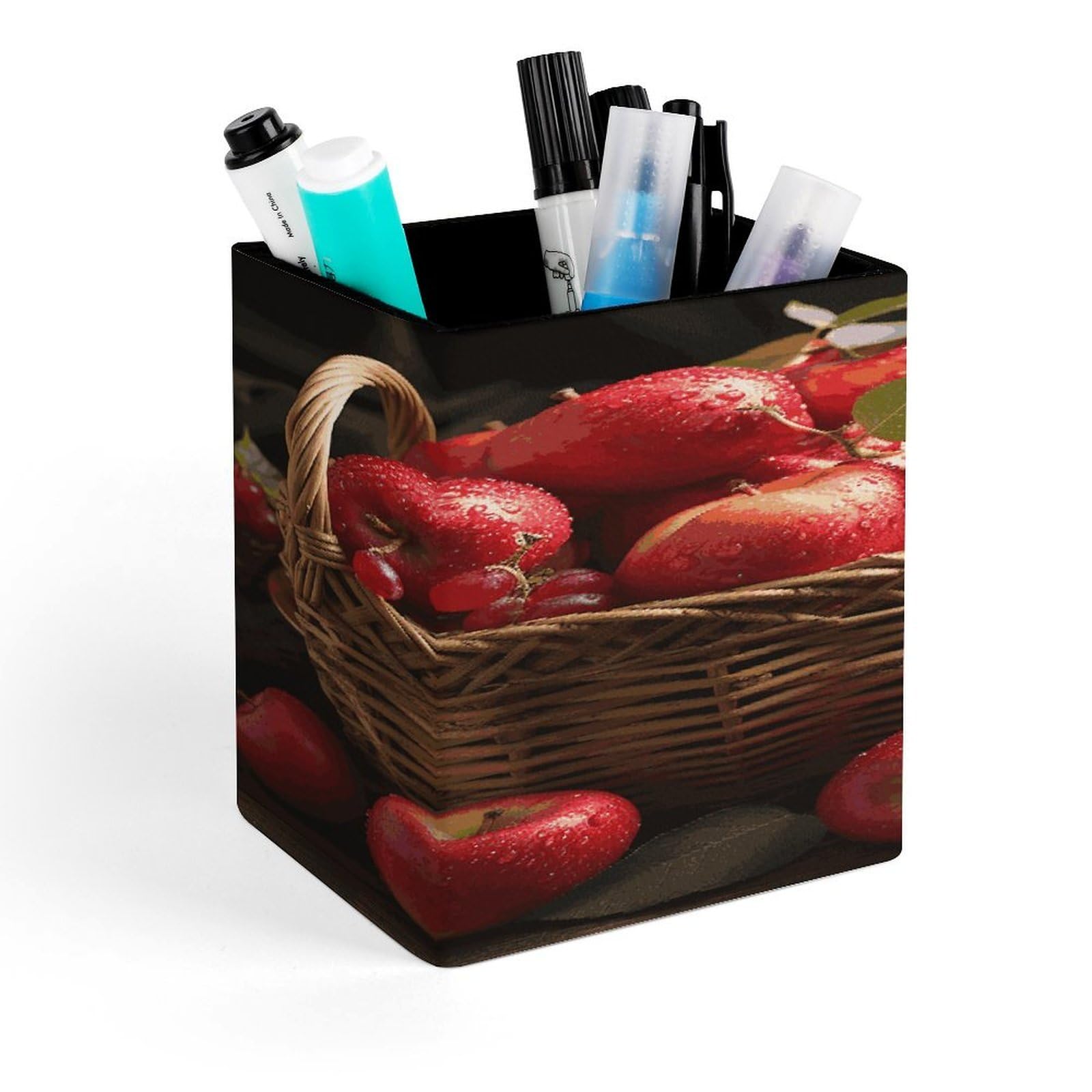 FekiLoot - Red Fruit Pencil Holder in a Customizable Basket, Office Accessories, Square Pen Container Box, Desk Organizer, Brush Holder
