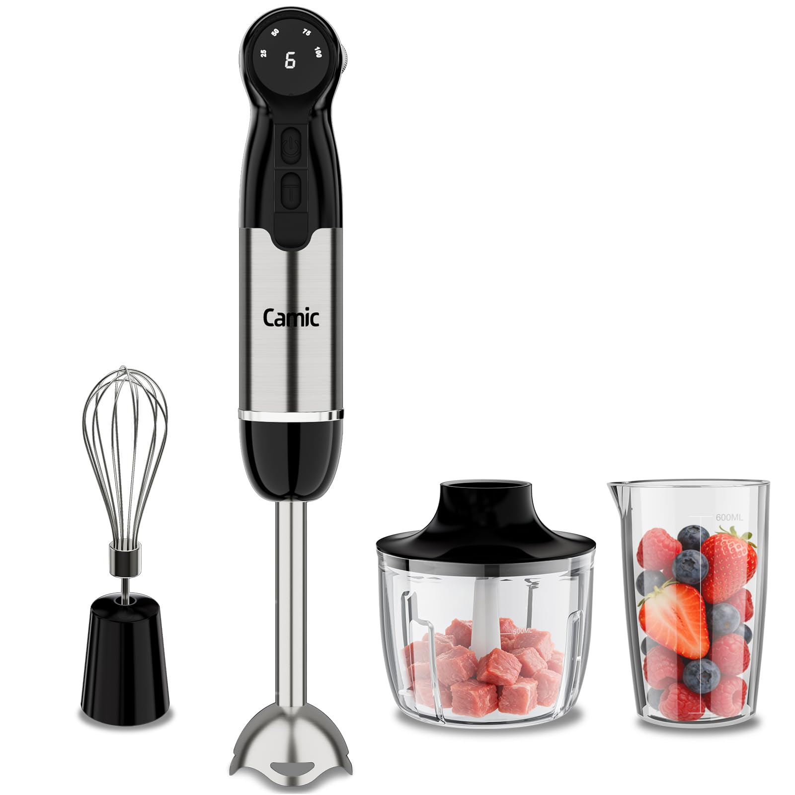 Camic Stabmixer, 4-in-1 Pürierstab, Kabelloses Elektrische Stabmixer mit 6-Stufiger + LED-Anzeige, Inklusive Edelstahl-Mixfuß, Schneebesen und 500ml Lebensmittelhacker für Suppen, Babynahrung