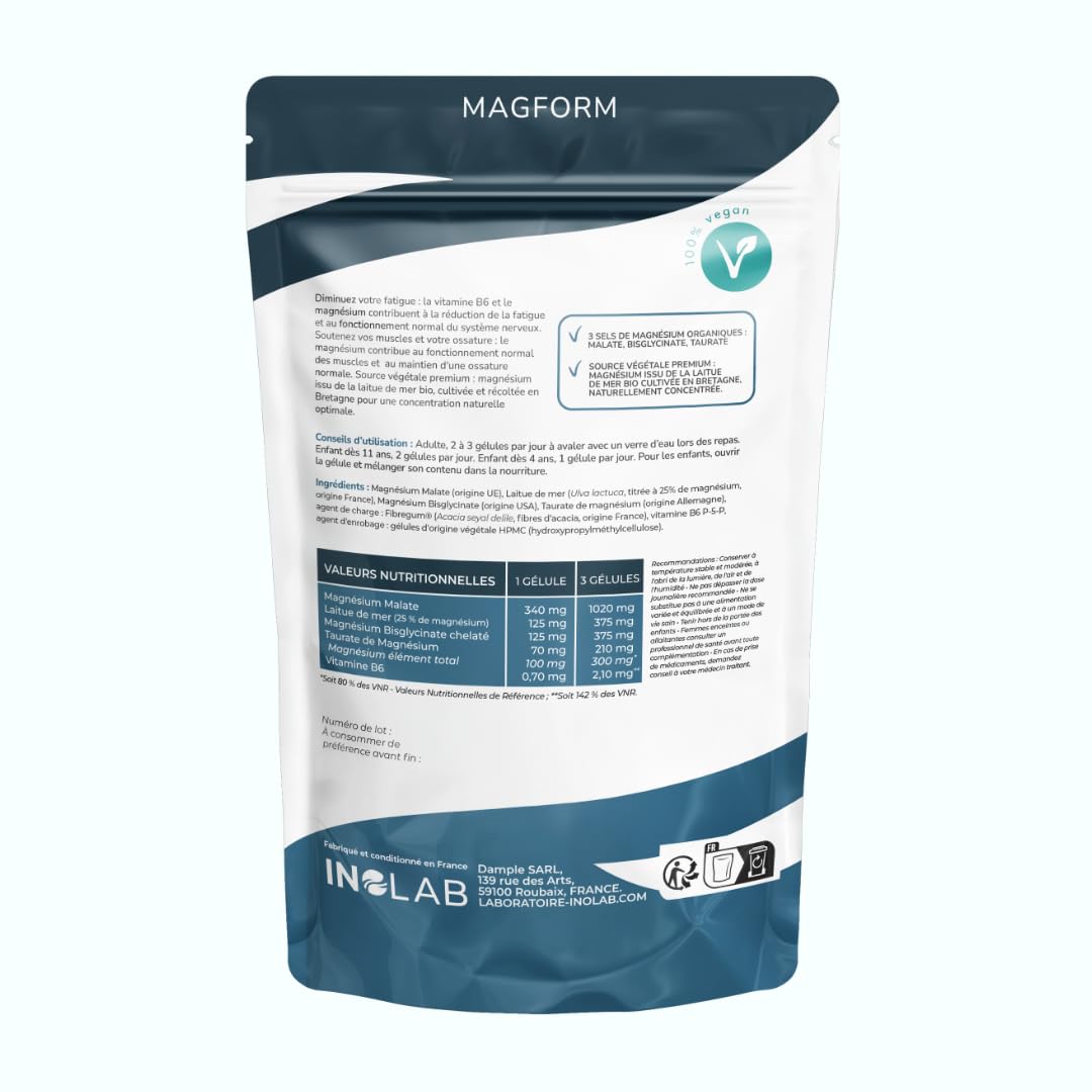 INOLAB Magnésium Premium 5-en-1 | Magnesium Bisglycinate + Malate + Laitue de mer bio + Taurinate | Magnesium B6 | Haute Absorption & tolérance | Anti-Stress & Fatigue | 120 Gélules